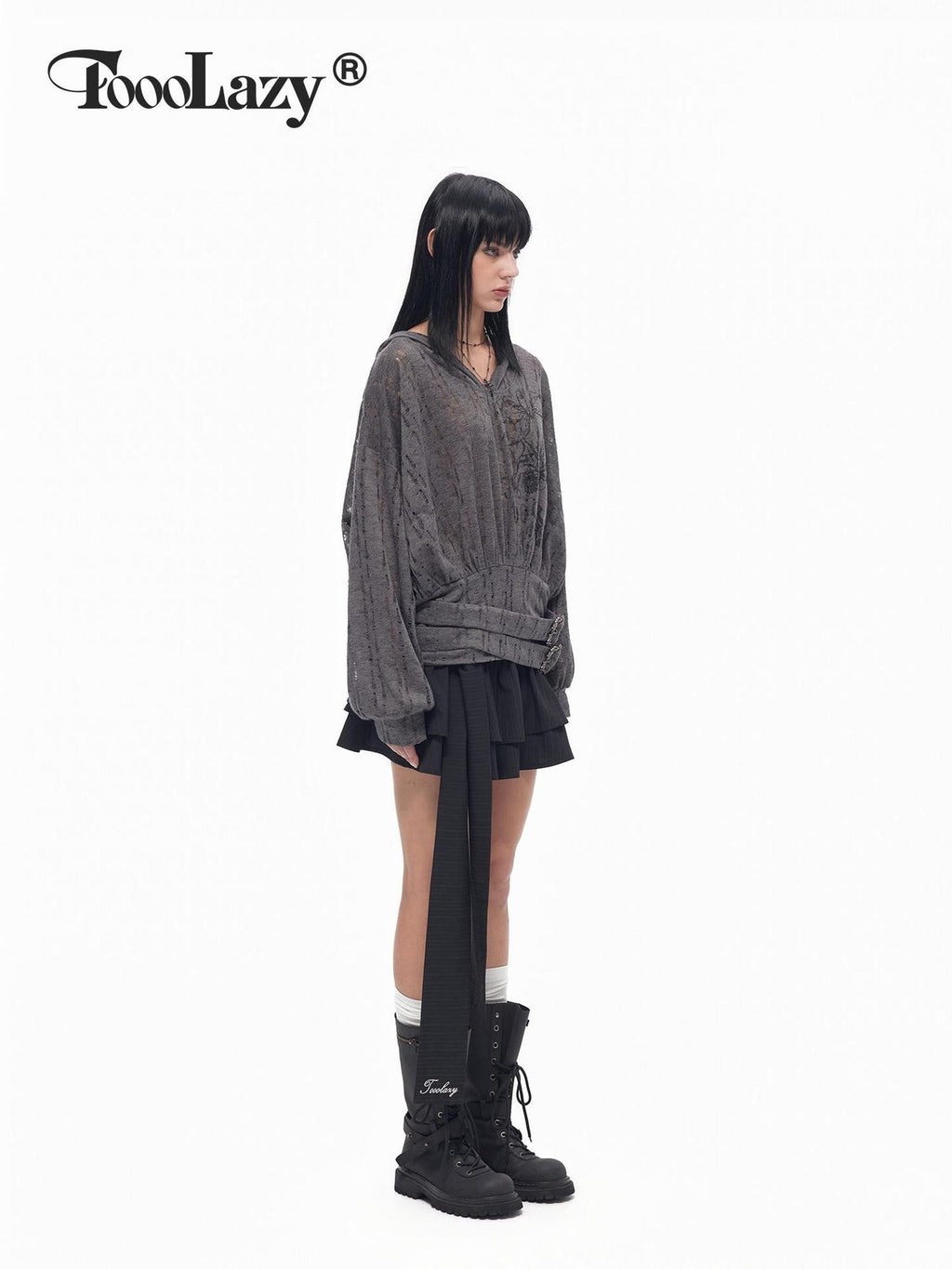 TOOOLAZY Deep Gray Cutout Knit Cross Print Tie Hooded Batwing Women's Knit Sweatshirts