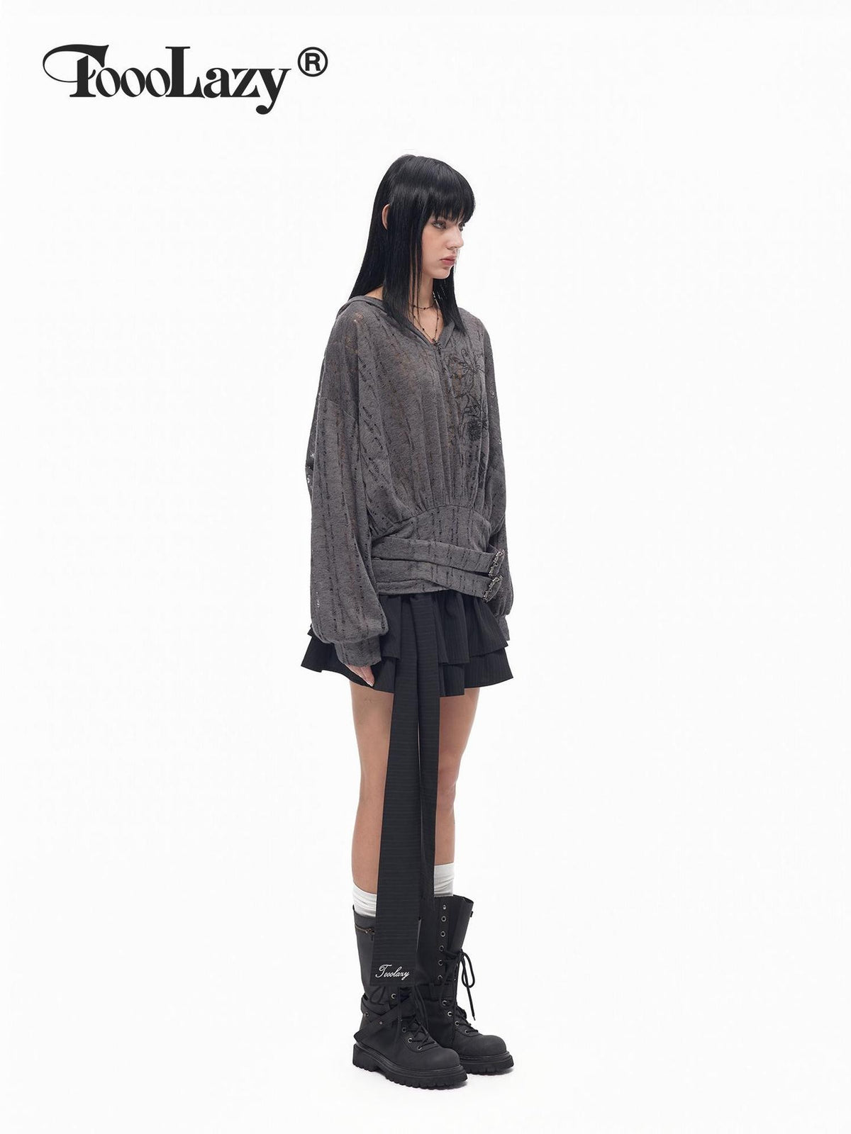 TOOOLAZY Deep Gray Cutout Knit Cross Print Tie Hooded Batwing Women's Knit Sweatshirts