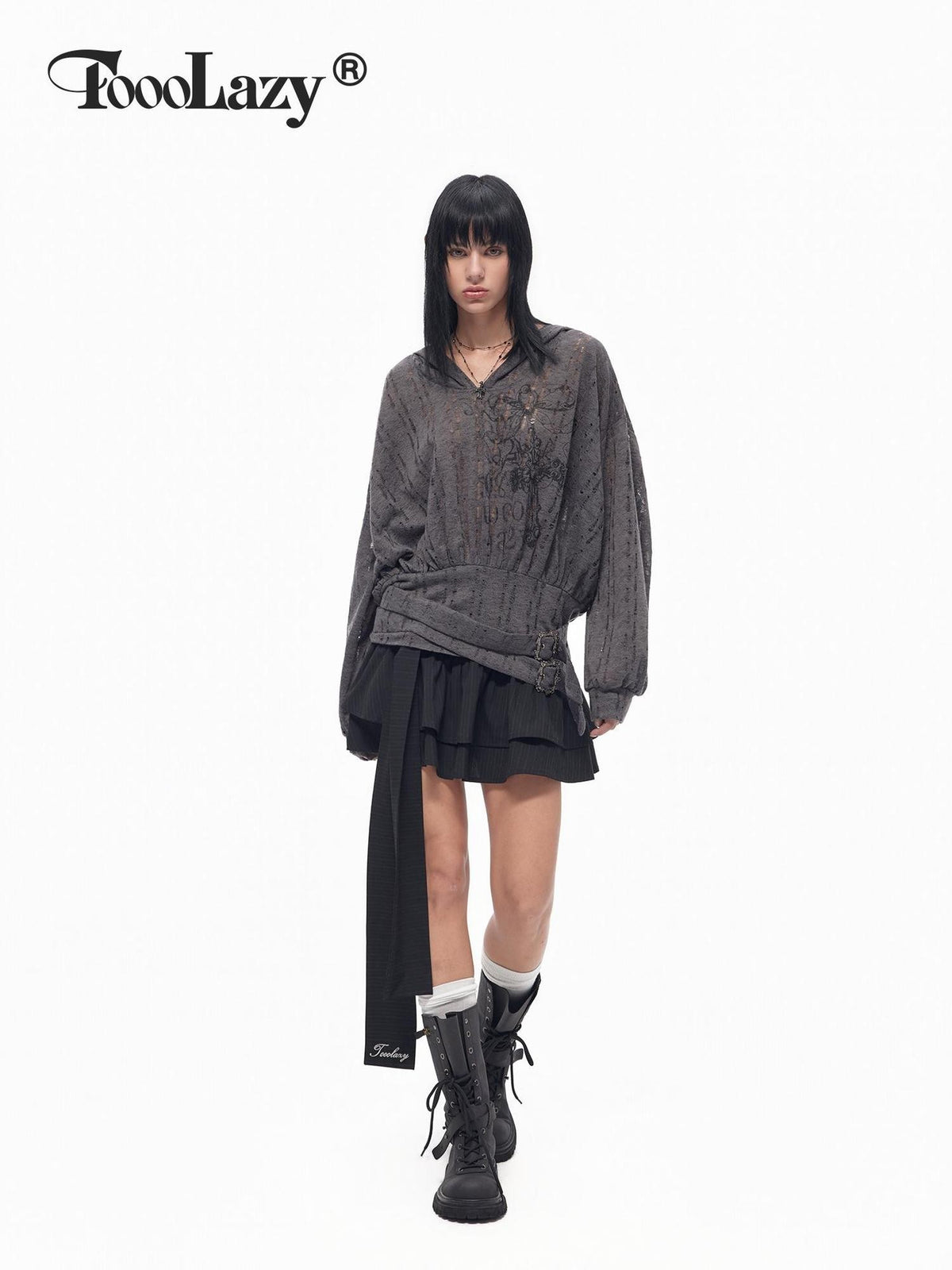 TOOOLAZY Deep Gray Cutout Knit Cross Print Tie Hooded Batwing Women's Knit Sweatshirts