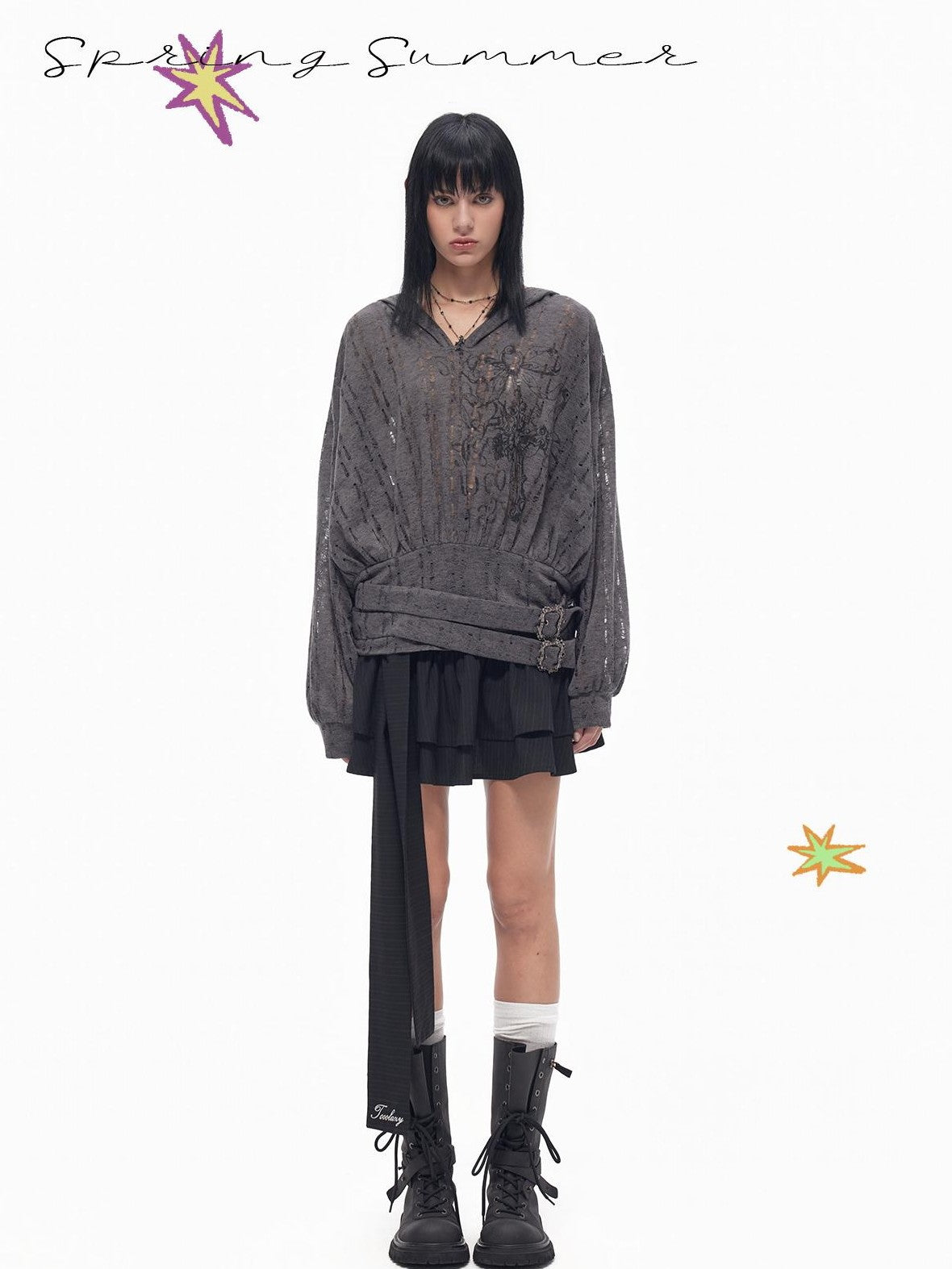TOOOLAZY Deep Gray Cutout Knit Cross Print Tie Hooded Batwing Women's Knit Sweatshirts