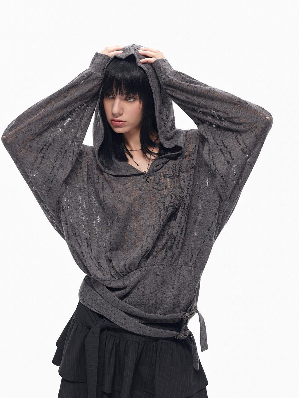 TOOOLAZY Deep Gray Cutout Knit Cross Print Tie Hooded Batwing Women's Knit Sweatshirts