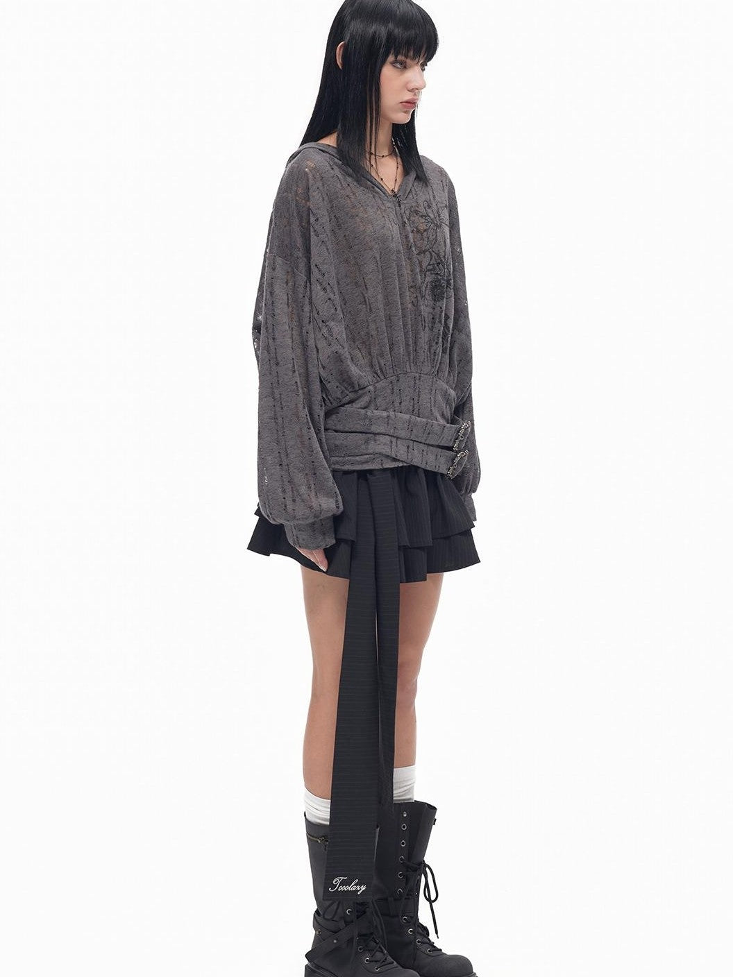TOOOLAZY Deep Gray Cutout Knit Cross Print Tie Hooded Batwing Women's Knit Sweatshirts
