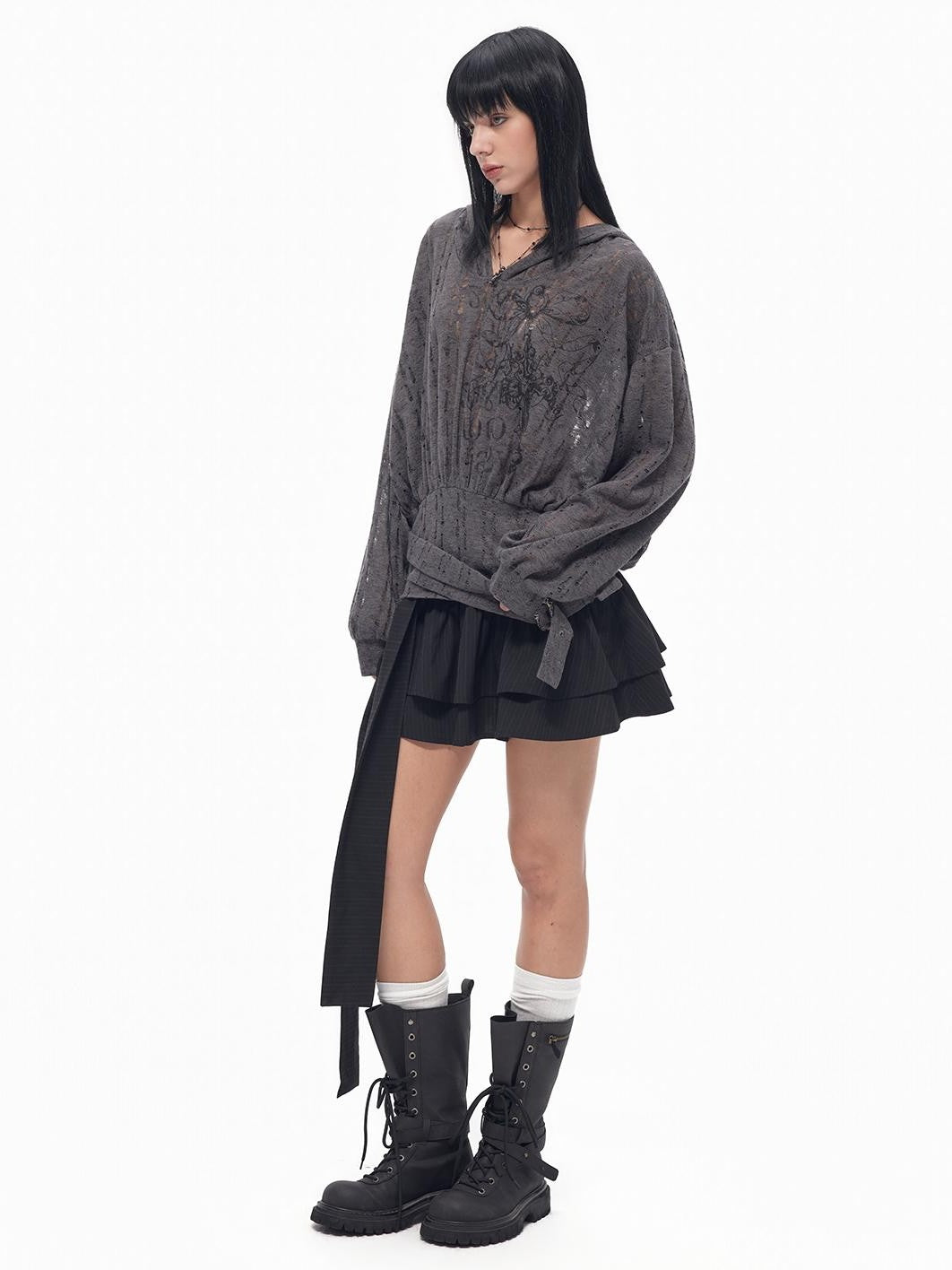 TOOOLAZY Deep Gray Cutout Knit Cross Print Tie Hooded Batwing Women's Knit Sweatshirts