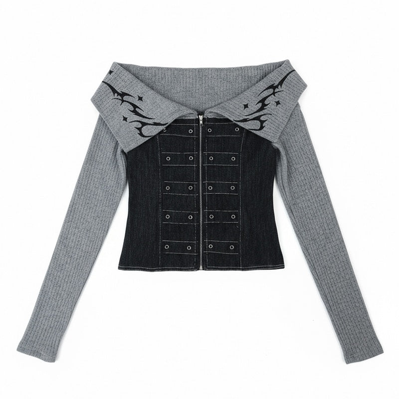 TOOOLAZY_Denim_Knit_Off_Shoulder_Zipper_Crop_Slim_Women's_Cotton_Long_Sleeve_T-shirts_1020526746474_MISSTT
