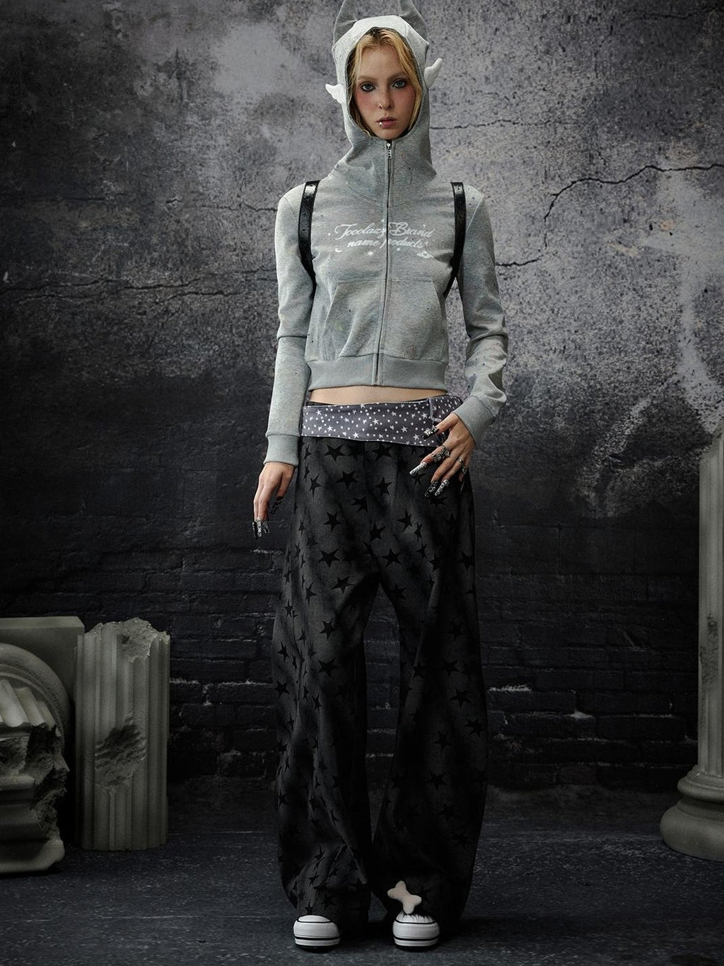 TOOOLAZY Devil Horn Hooded Zip Slim Fit Women's Polyester Cotton Blend Cropped Hoodies