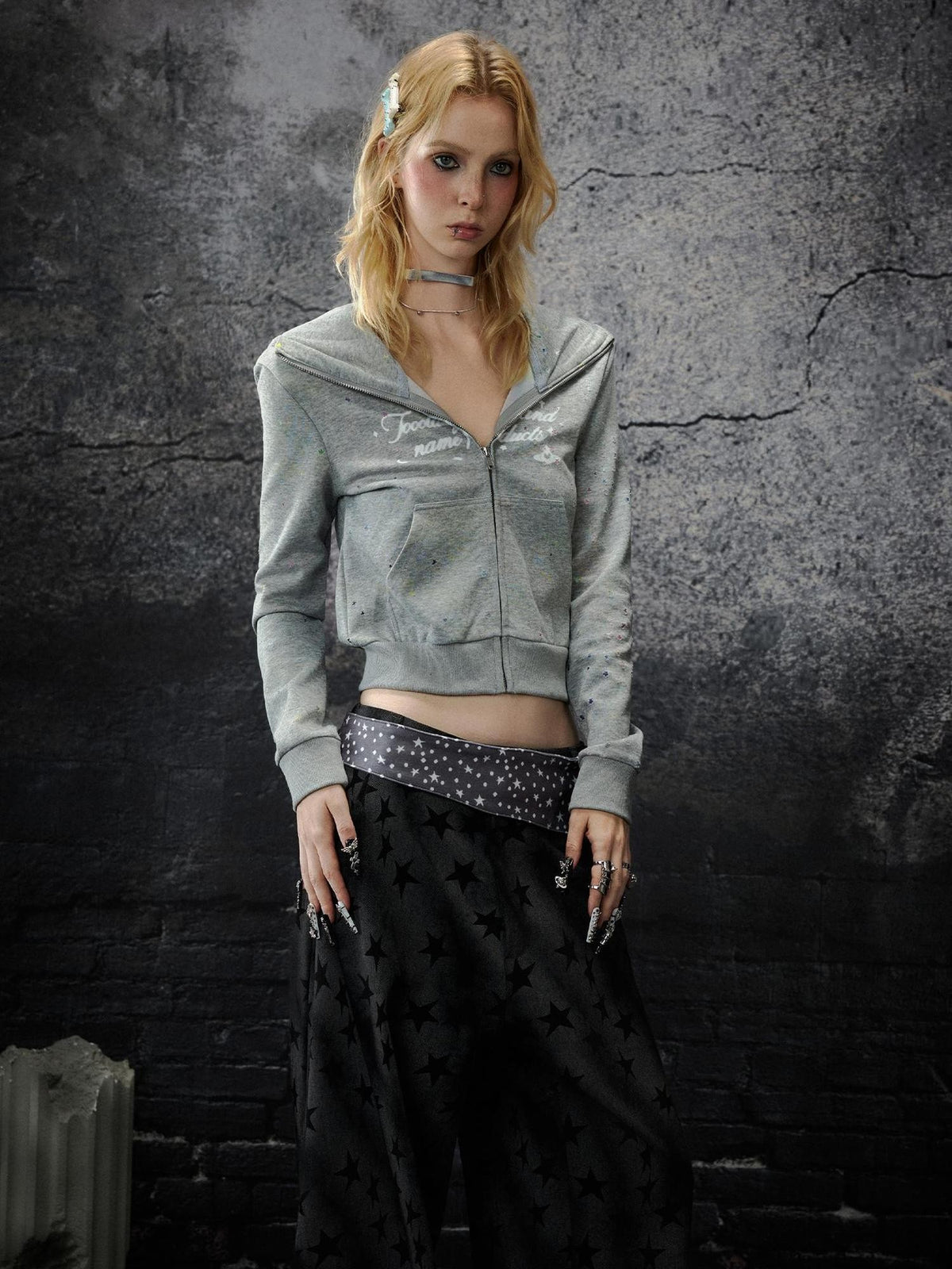 TOOOLAZY Devil Horn Hooded Zip Slim Fit Women's Polyester Cotton Blend Cropped Hoodies