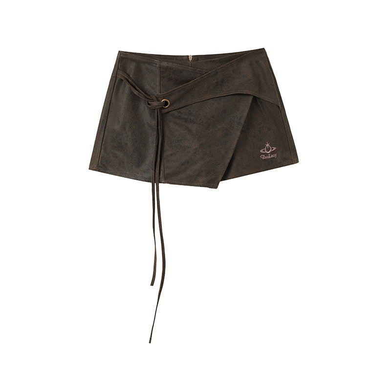 TOOOLAZY_Distressed_Coffee_Brown_Asymmetric_Tie_Waist_Women's_Polyester_Leather_Skirts_969057082257_MISSTT