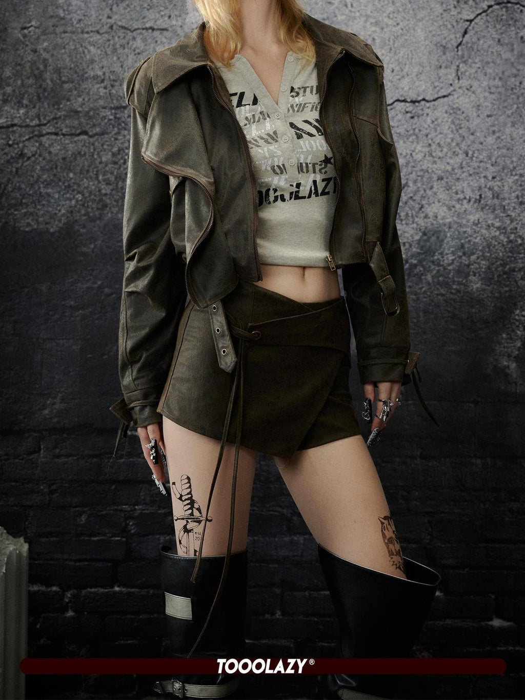 TOOOLAZY Distressed Coffee Brown Asymmetric Tie Waist Women's Polyester Leather Skirts