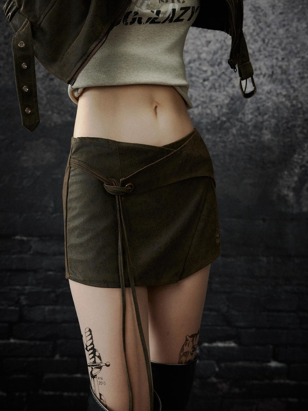 TOOOLAZY Distressed Coffee Brown Asymmetric Tie Waist Women's Polyester Leather Skirts