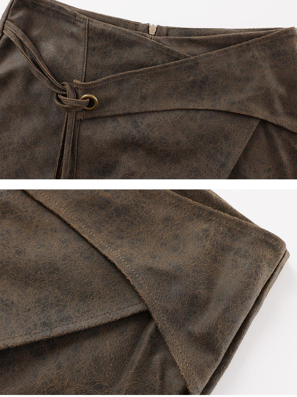 TOOOLAZY Distressed Coffee Brown Asymmetric Tie Waist Women's Polyester Leather Skirts