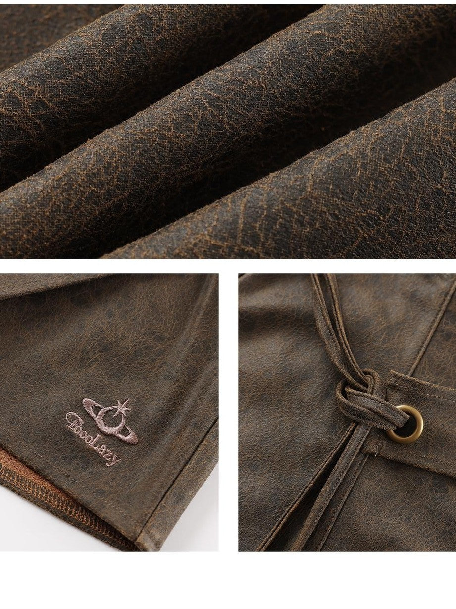 TOOOLAZY Distressed Coffee Brown Asymmetric Tie Waist Women's Polyester Leather Skirts