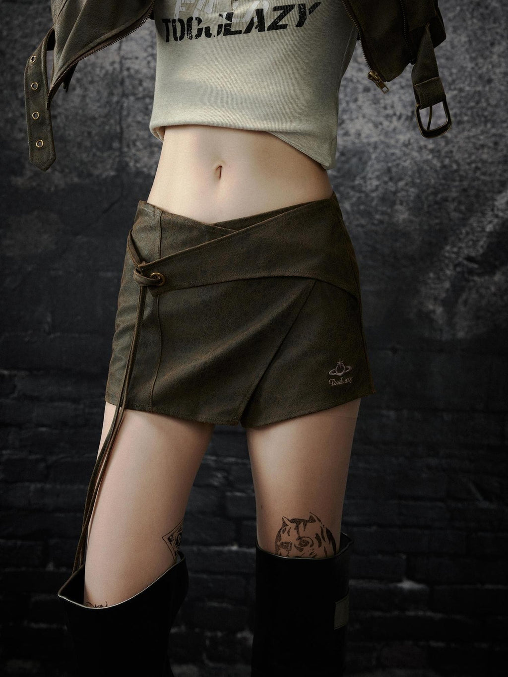 TOOOLAZY Distressed Coffee Brown Asymmetric Tie Waist Women's Polyester Leather Skirts