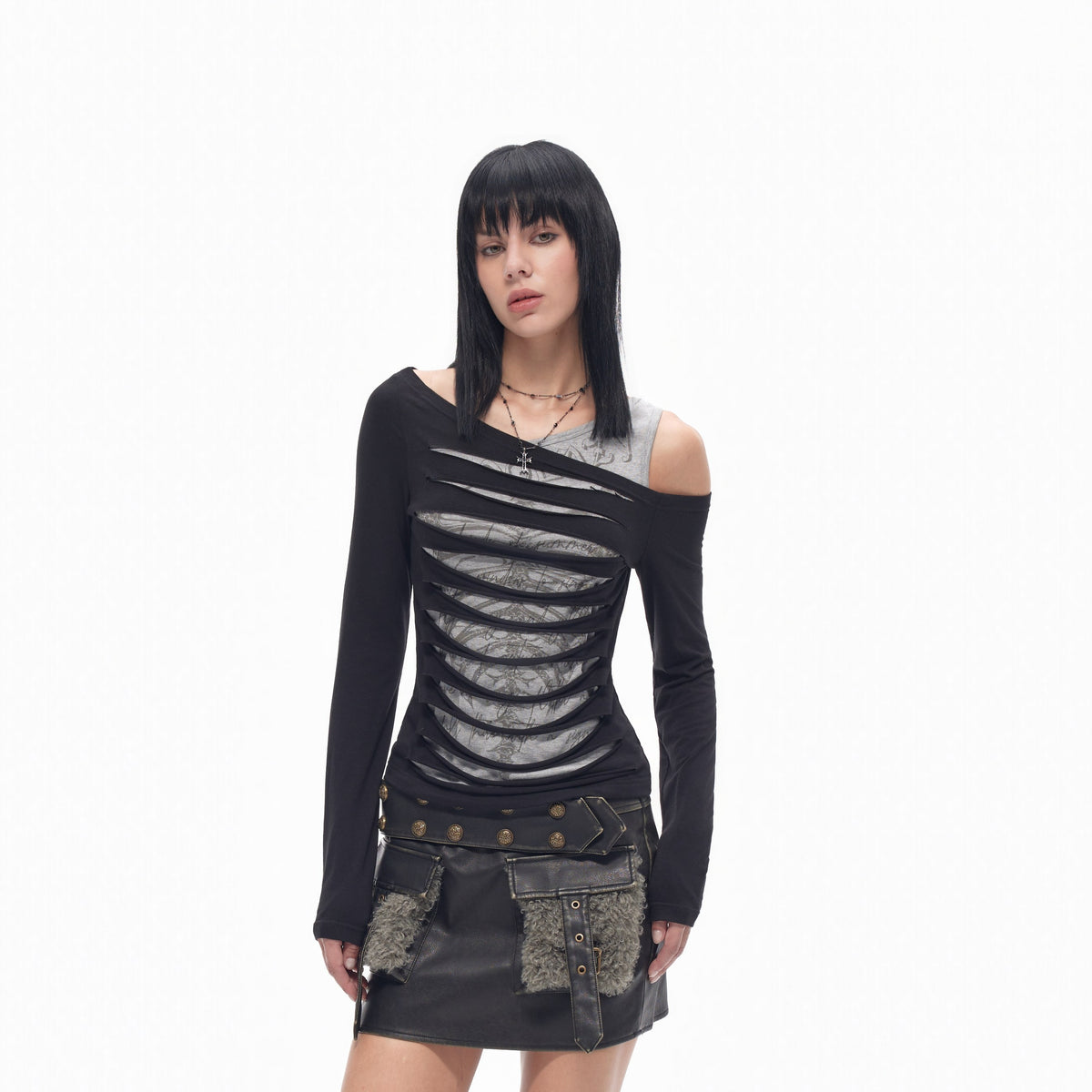 TOOOLAZY_Distressed_Striped_Asymmetrical_Shoulder_Printed_Women's_Long_Sleeve_T-shirts_1071056581098_MISSTT