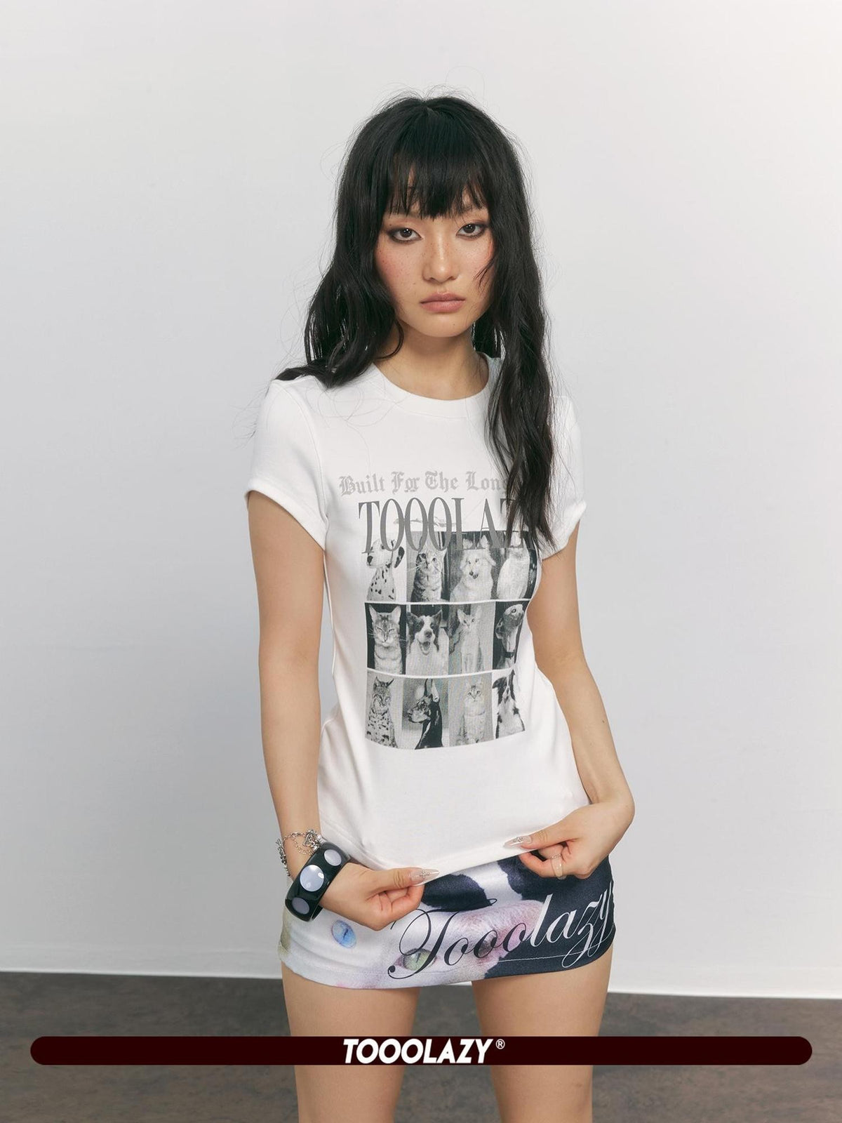 TOOOLAZY Dog Print Patchwork Round Neck Slim Fit Women's Cotton Short Sleeve T-shirts