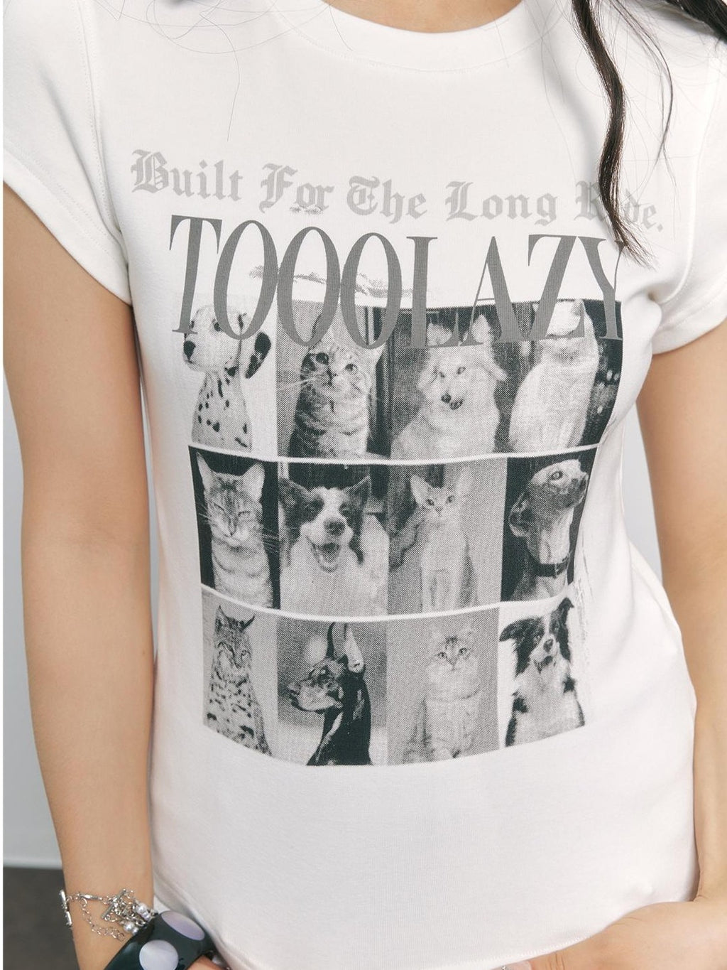 TOOOLAZY Dog Print Patchwork Round Neck Slim Fit Women's Cotton Short Sleeve T-shirts