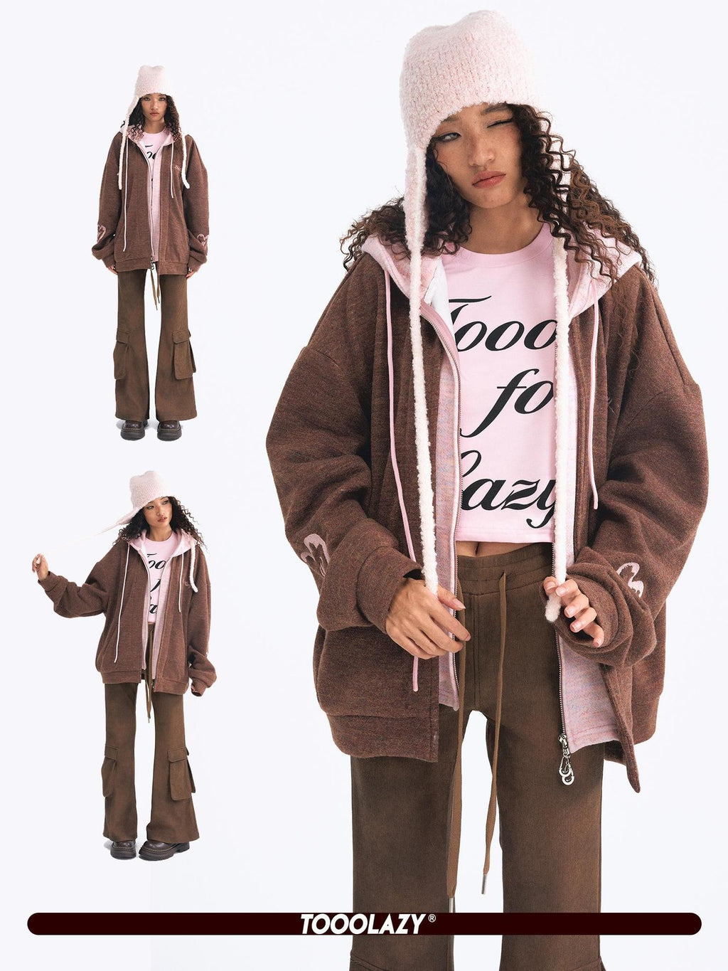TOOOLAZY Embroidered Faux Two Piece Hooded Thickened Women's Other Material Casual Jackets