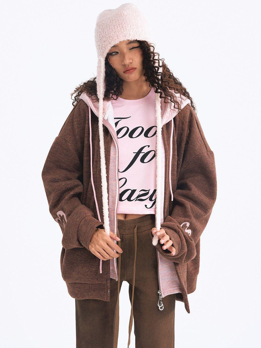 TOOOLAZY Embroidered Faux Two Piece Hooded Thickened Women's Other Material Casual Jackets