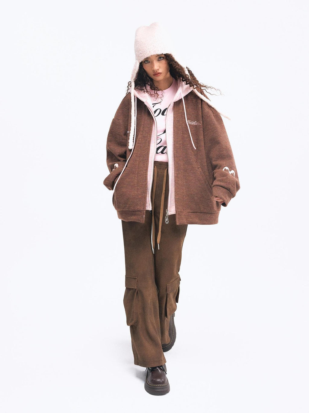 TOOOLAZY Embroidered Faux Two Piece Hooded Thickened Women's Other Material Casual Jackets