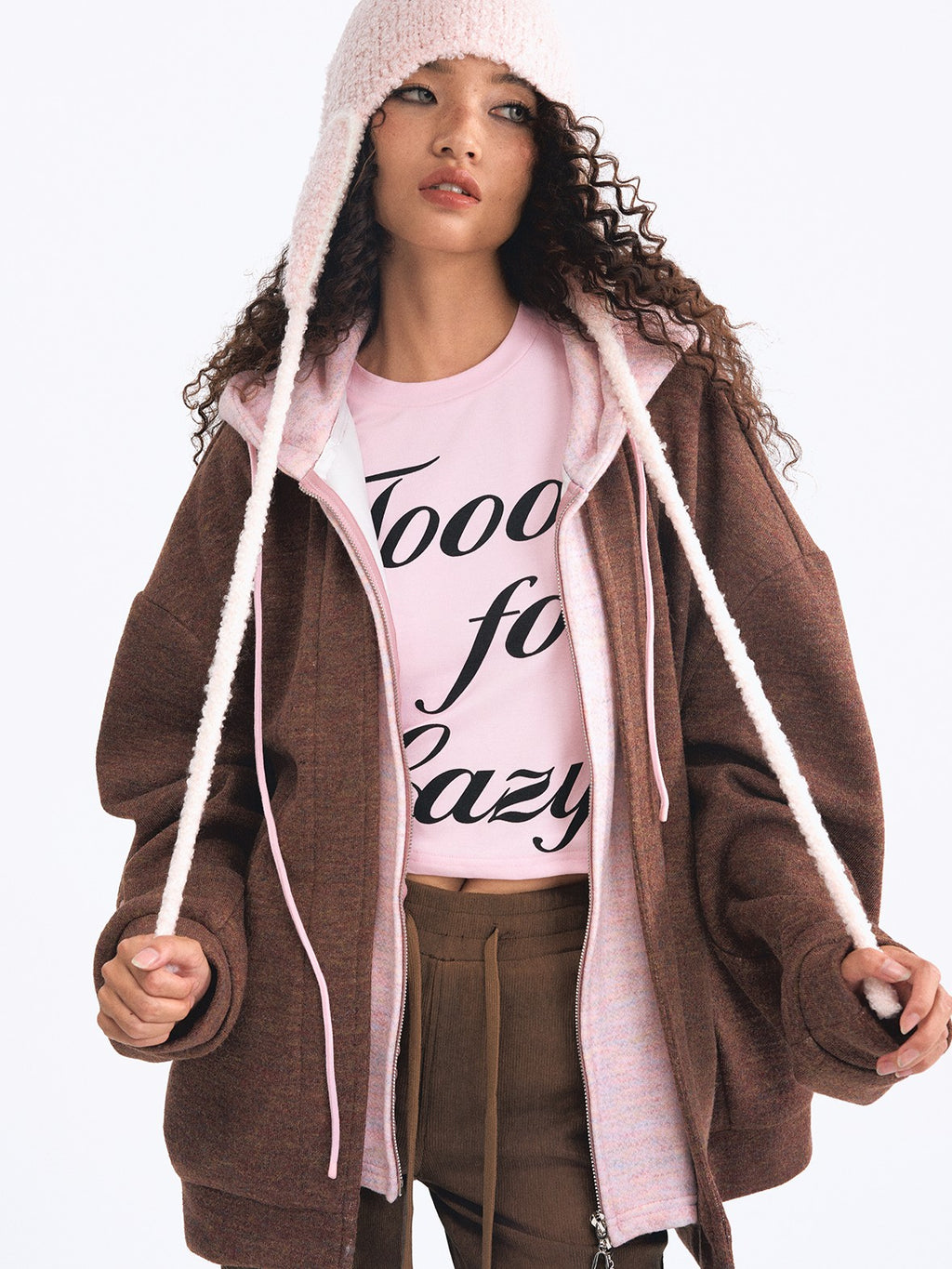TOOOLAZY Embroidered Faux Two Piece Hooded Thickened Women's Other Material Casual Jackets