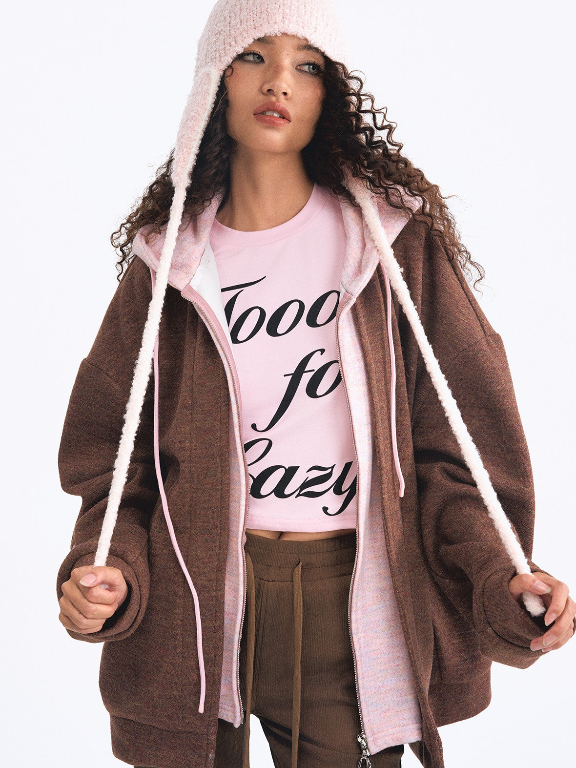 TOOOLAZY Embroidered Faux Two Piece Hooded Thickened Women's Other Material Casual Jackets