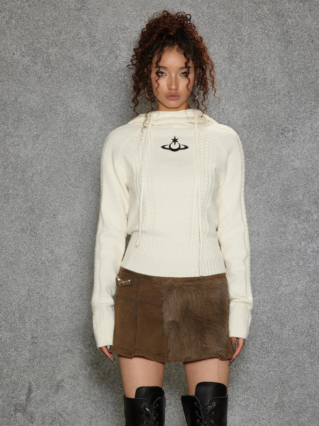 TOOOLAZY Embroidered Star Hooded Women's Acrylic Blend Knitted Turtleneck Sweaters