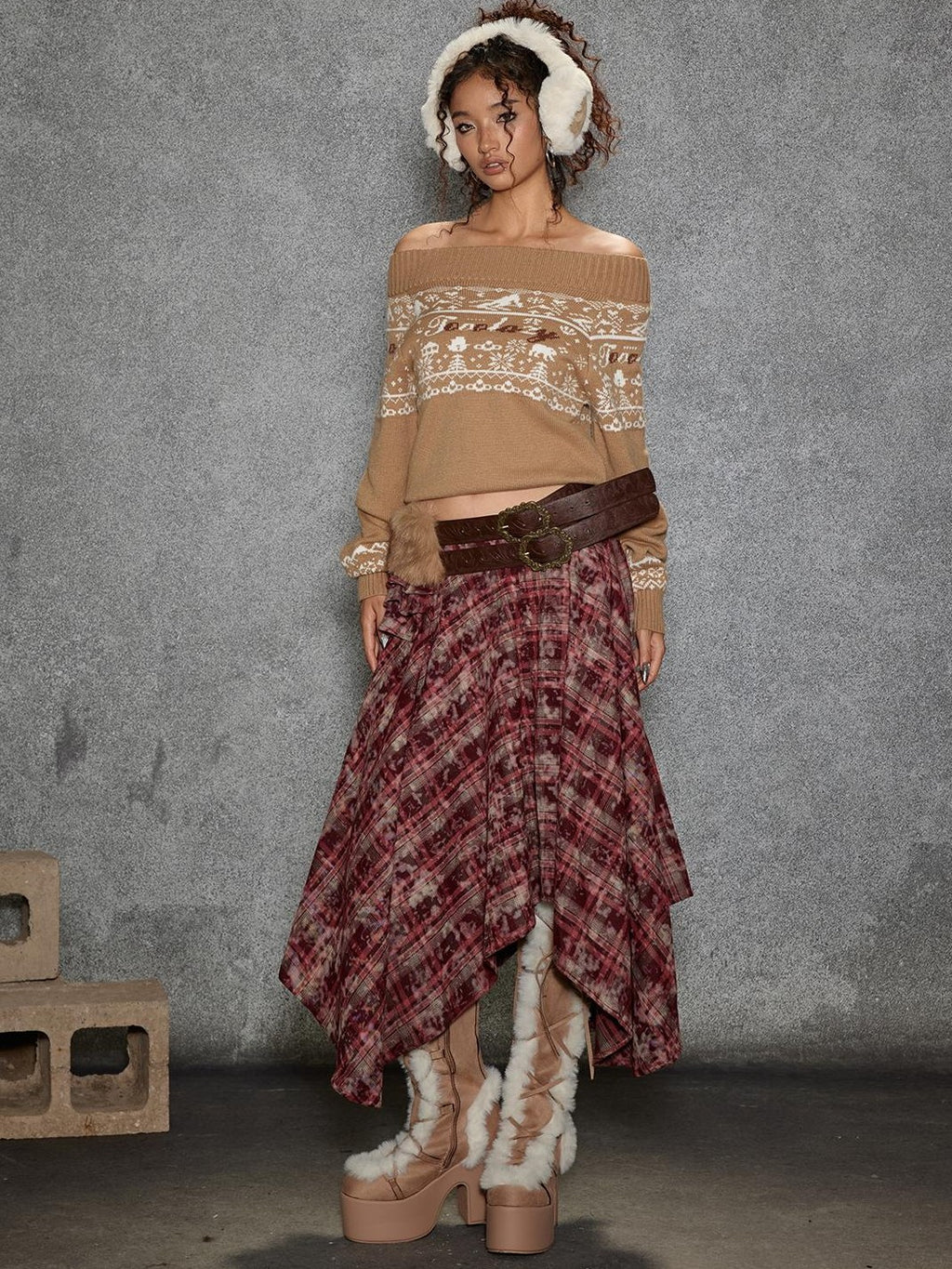 TOOOLAZY Fair Isle One Shoulder Loose Women's Viscose Blend Off-shoulder Sweaters