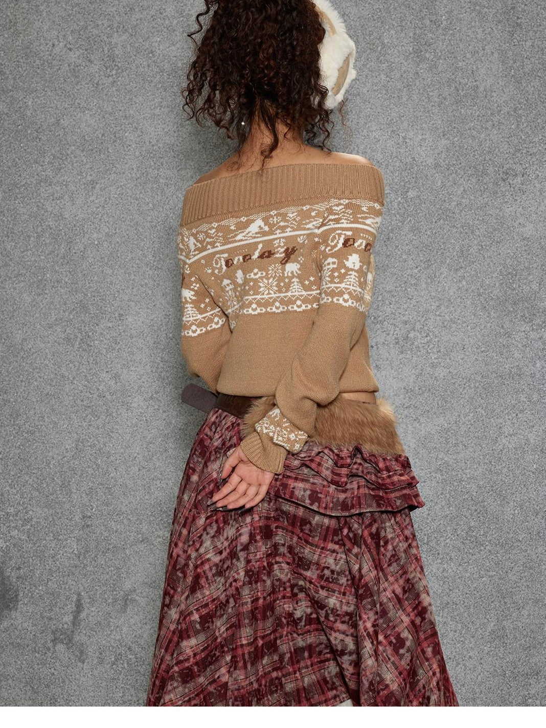 TOOOLAZY Fair Isle One Shoulder Loose Women's Viscose Blend Off-shoulder Sweaters