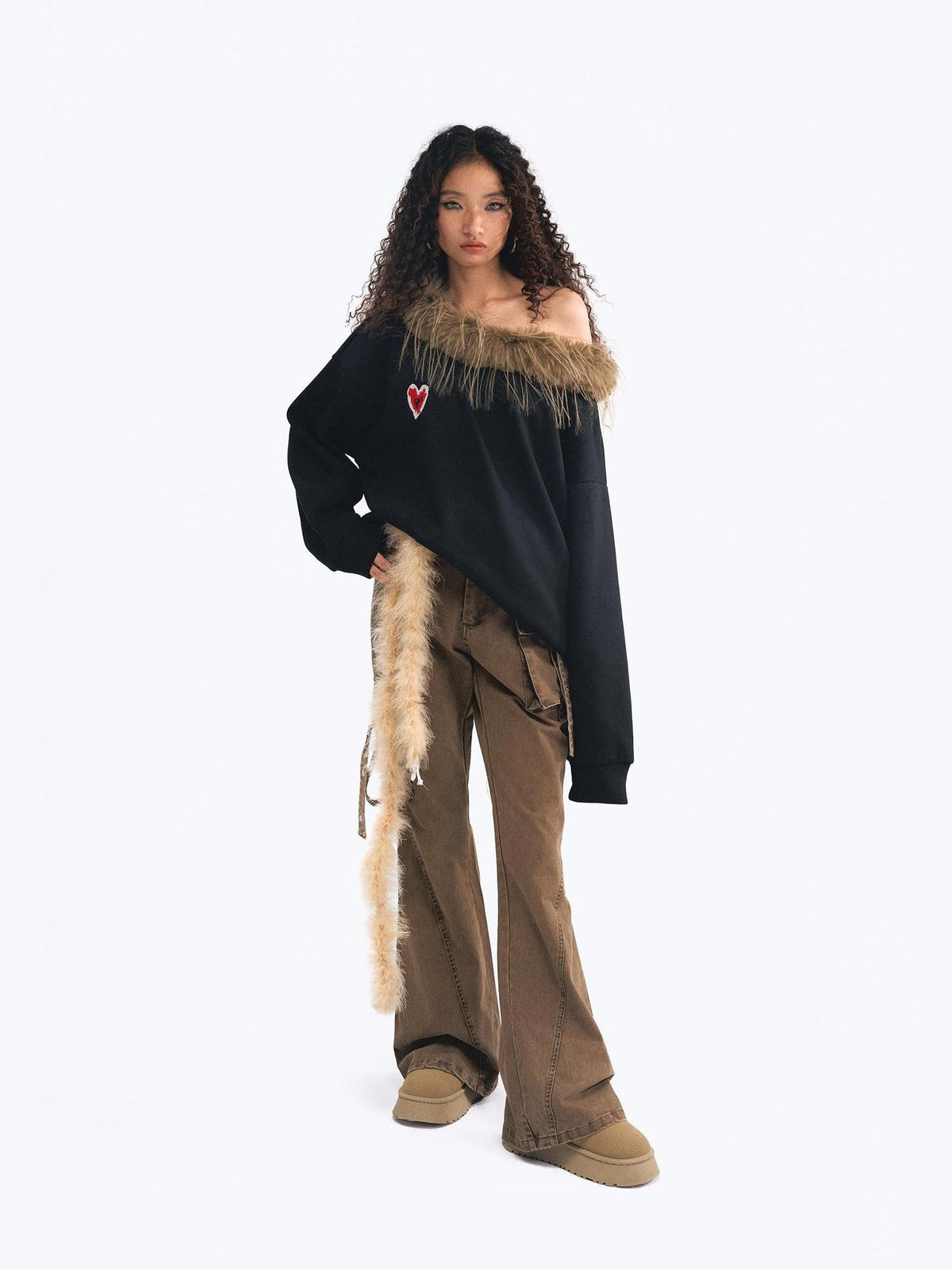 TOOOLAZY Faux Fur Collar Asymmetric One Shoulder Women's American Pullover Sweatshirts