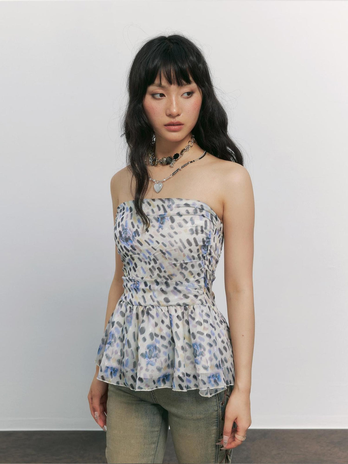 TOOOLAZY Floral Print Slim Fit Ruffle Hem Street Style Women's Tube Tops