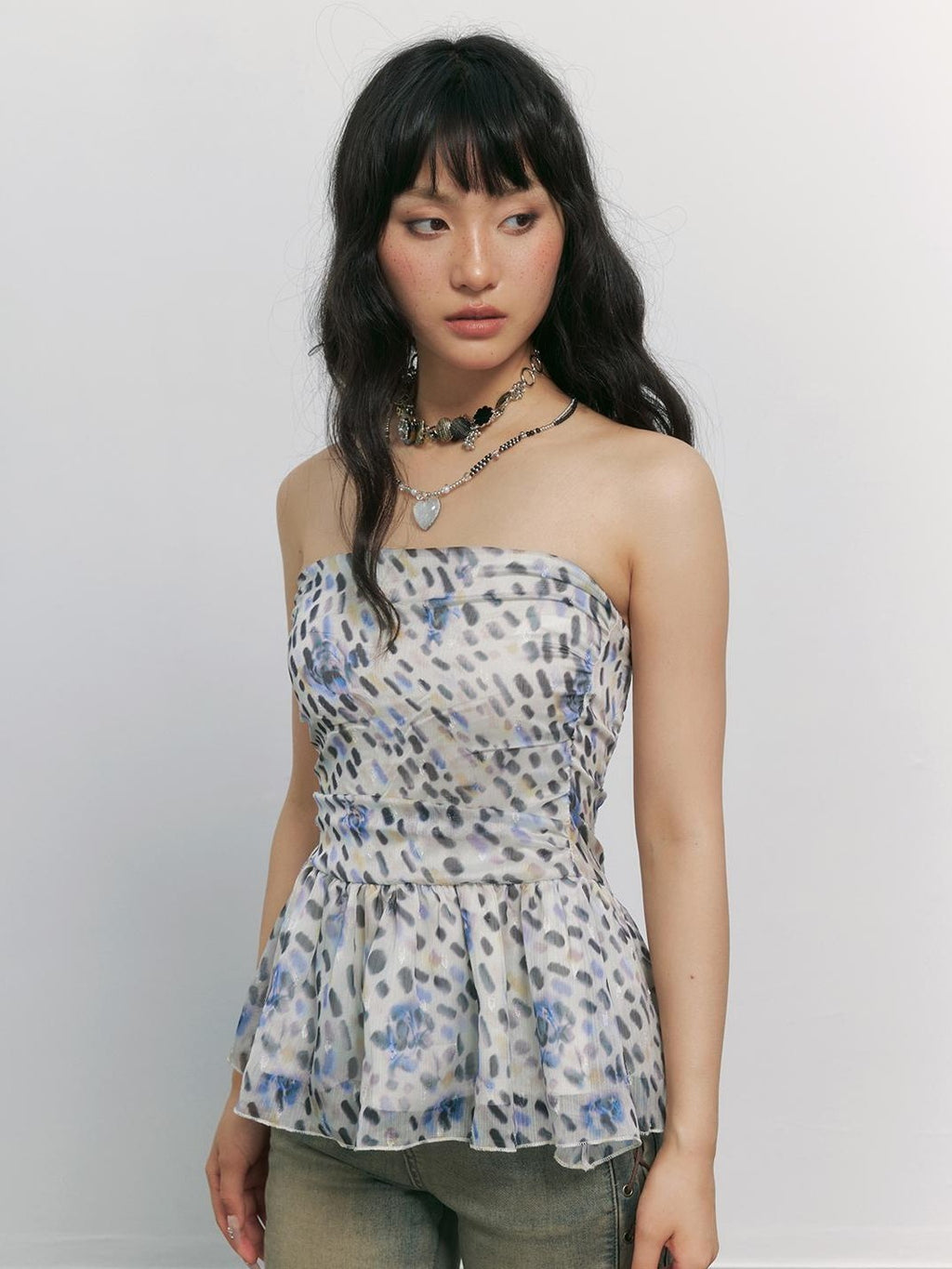 TOOOLAZY Floral Print Slim Fit Ruffle Hem Street Style Women's Tube Tops