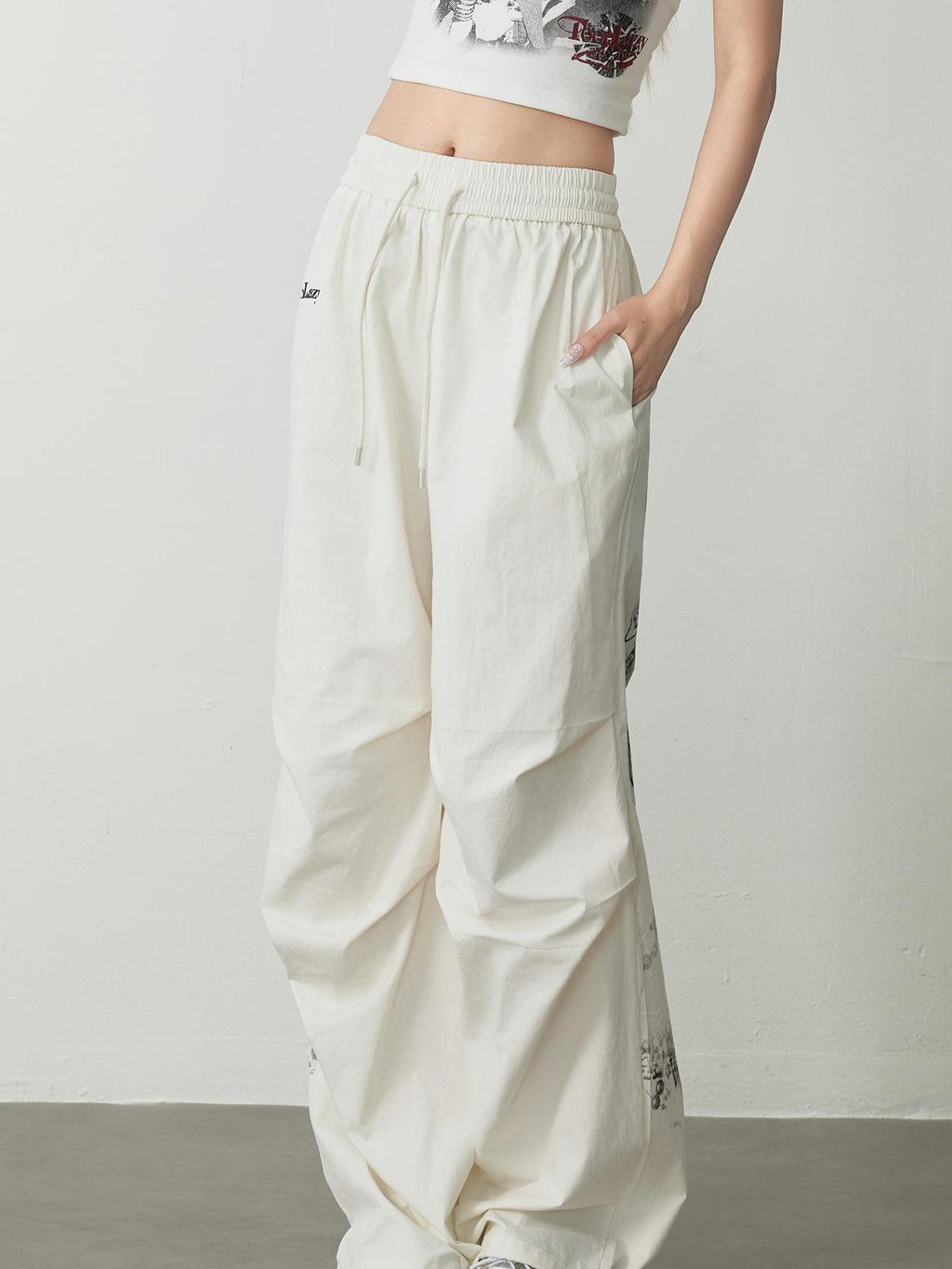 TOOOLAZY Full Back Lettering Print Paratrooper Women's Cotton Wide-leg Pants
