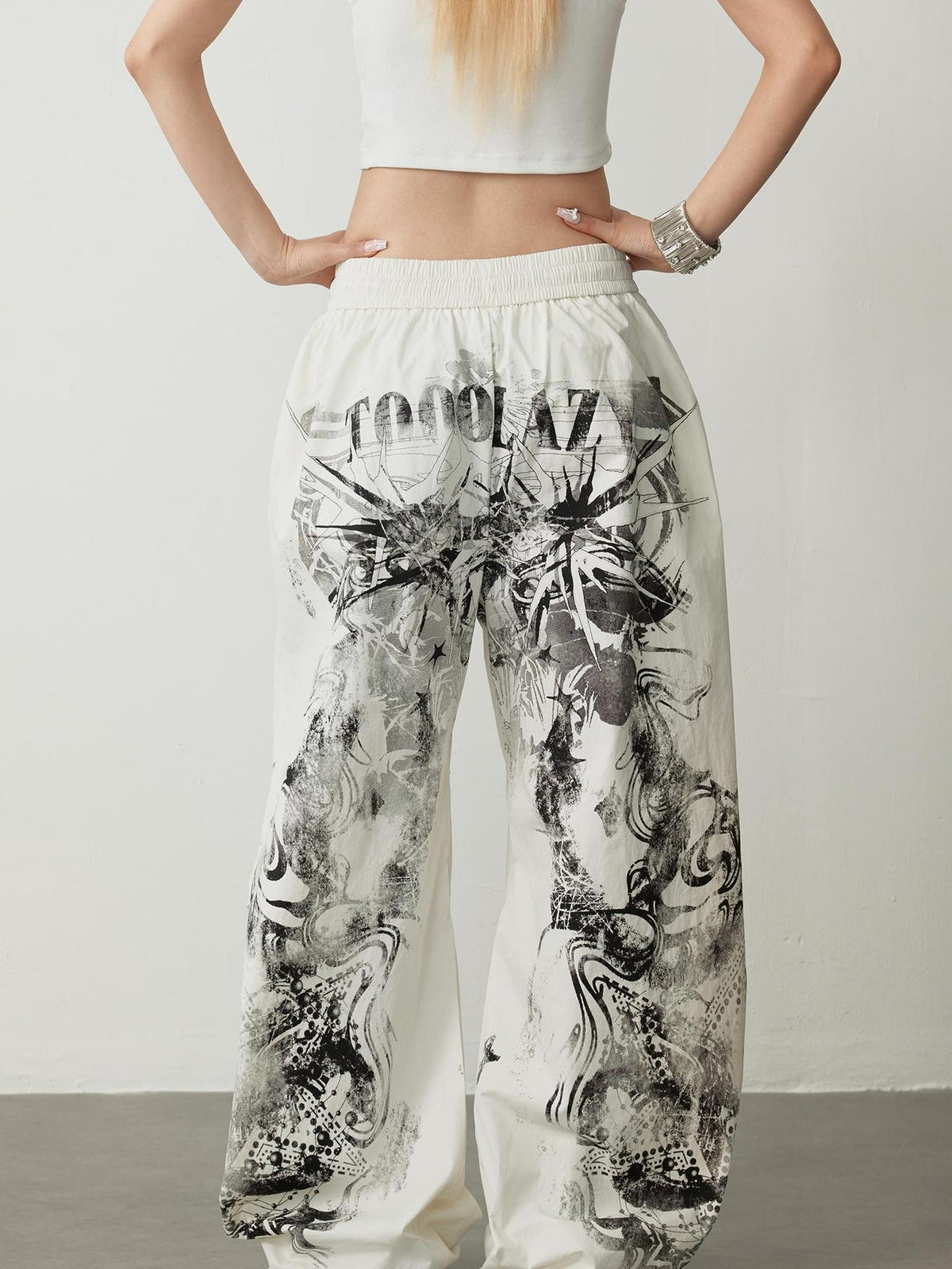 TOOOLAZY Full Back Lettering Print Paratrooper Women's Cotton Wide-leg Pants