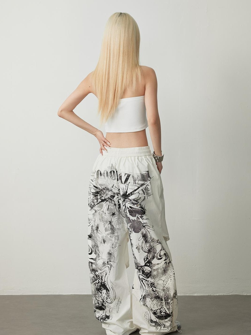 TOOOLAZY Full Back Lettering Print Paratrooper Women's Cotton Wide-leg Pants