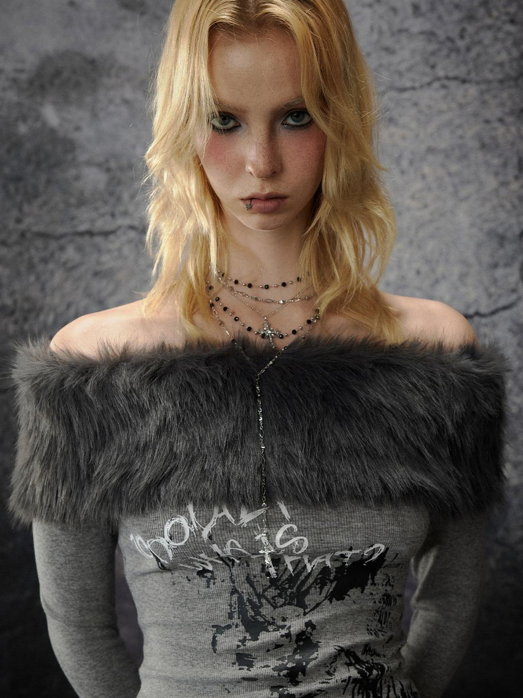 TOOOLAZY Fur Collar Printed Bardot Slim Fit Women's Polyester Long Sleeve T-shirts