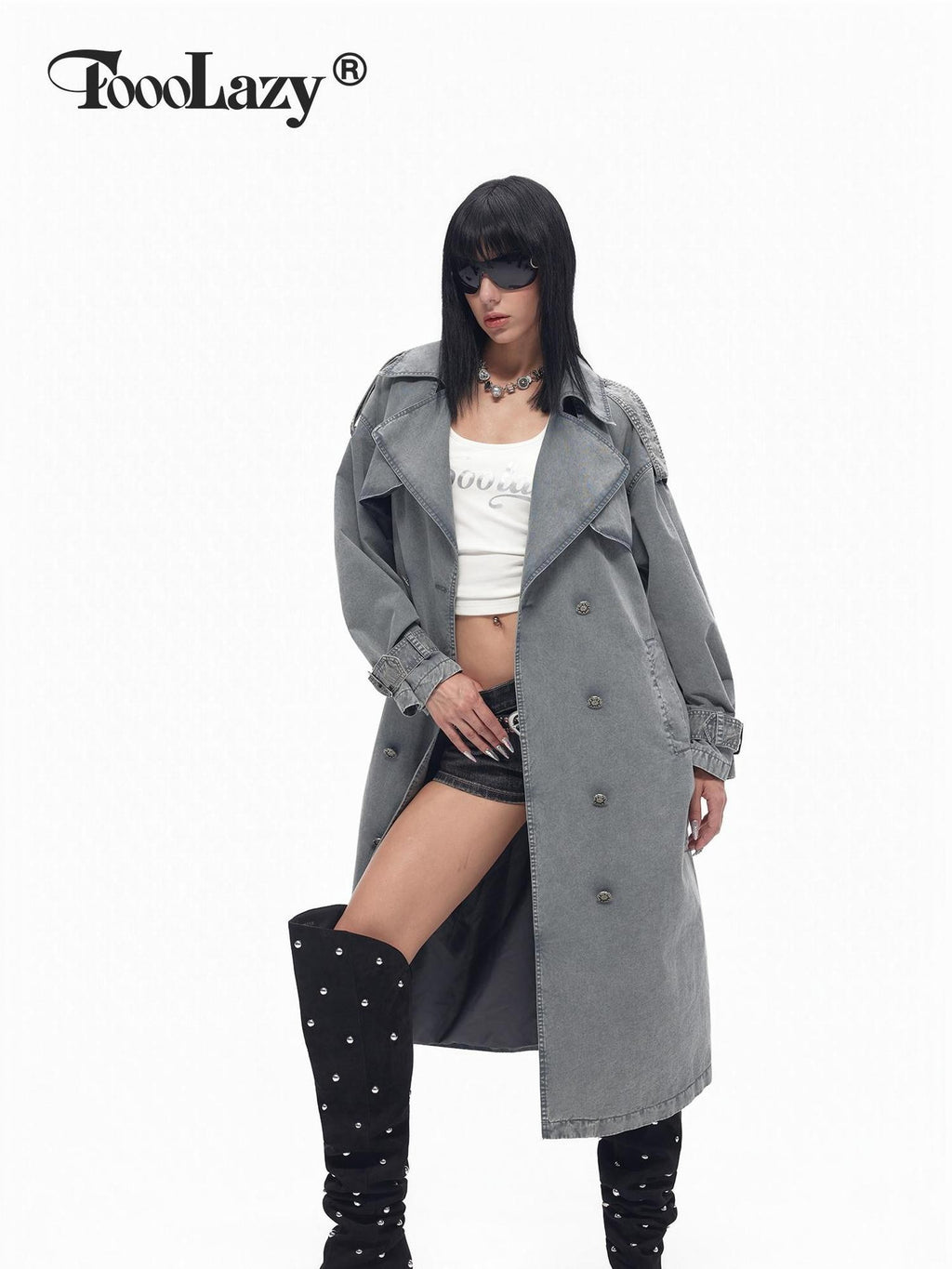 TOOOLAZY Gray Blue Distressed Denim Double Breasted Loose Women's Cotton Trench Coats