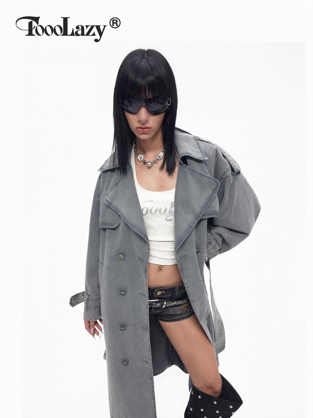 TOOOLAZY Gray Blue Distressed Denim Double Breasted Loose Women's Cotton Trench Coats