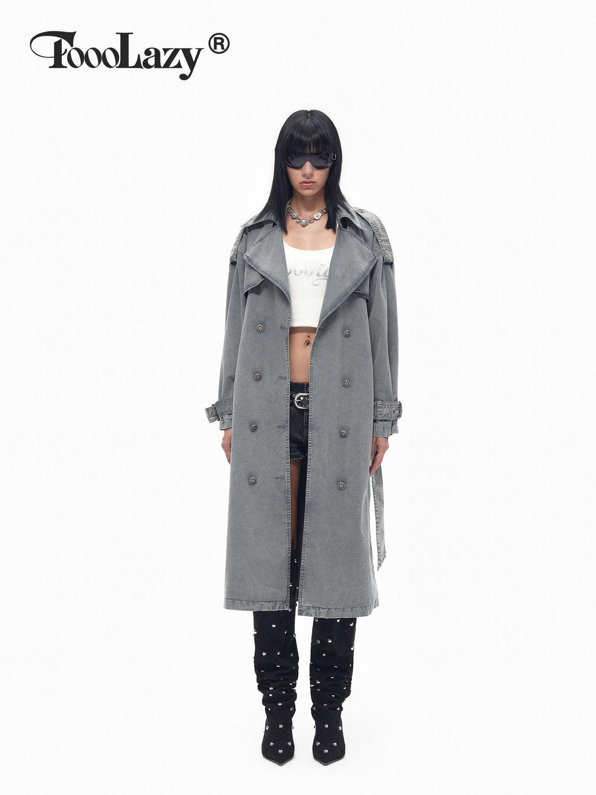 TOOOLAZY Gray Blue Distressed Denim Double Breasted Loose Women's Cotton Trench Coats
