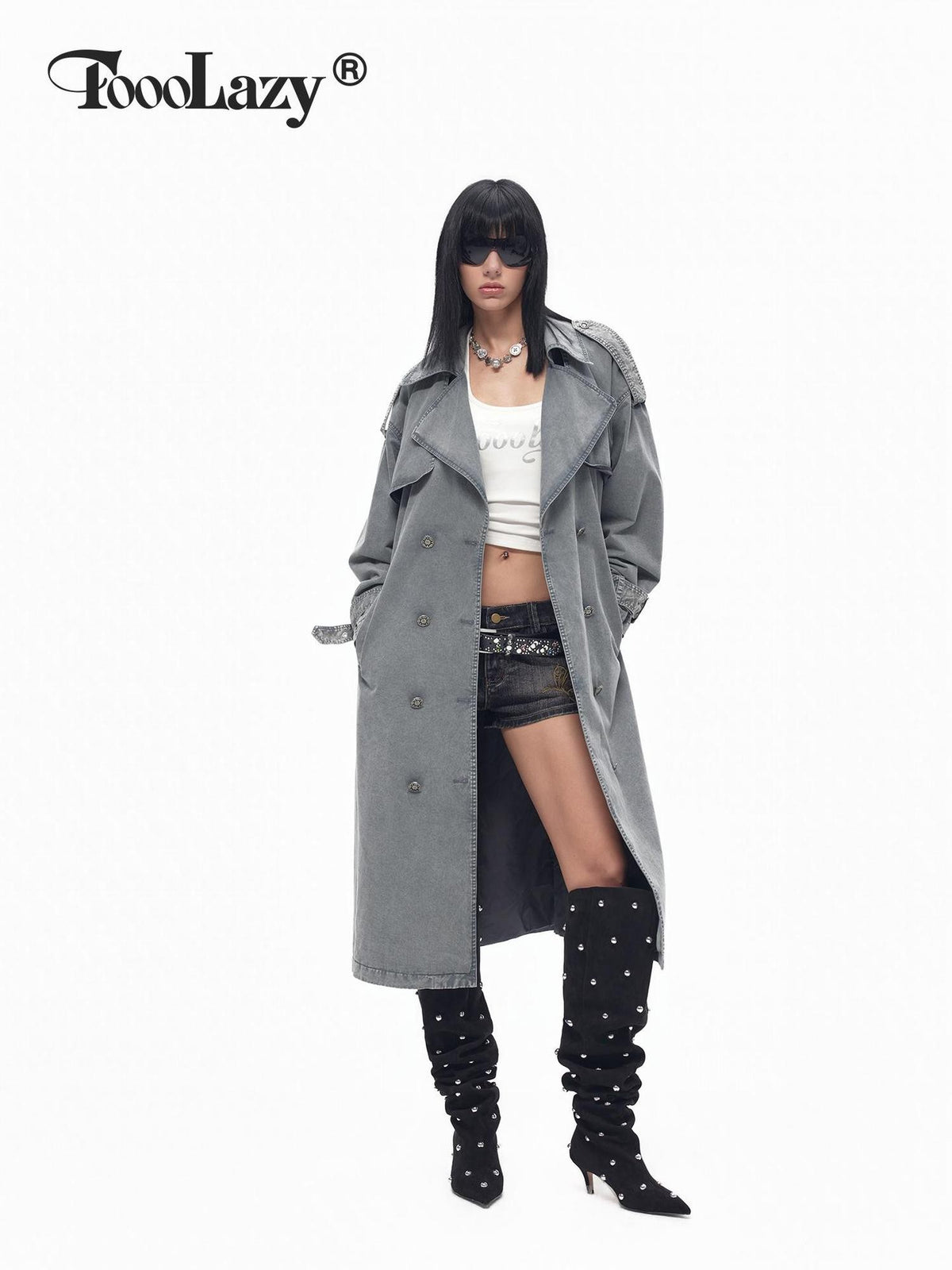TOOOLAZY Gray Blue Distressed Denim Double Breasted Loose Women's Cotton Trench Coats