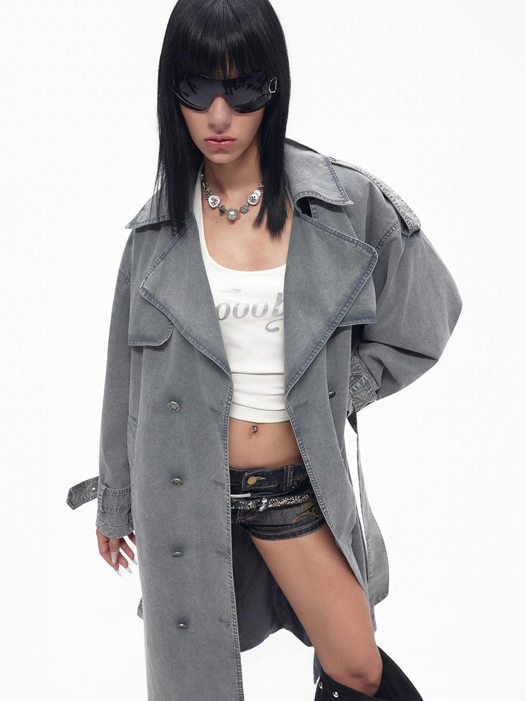 TOOOLAZY Gray Blue Distressed Denim Double Breasted Loose Women's Cotton Trench Coats