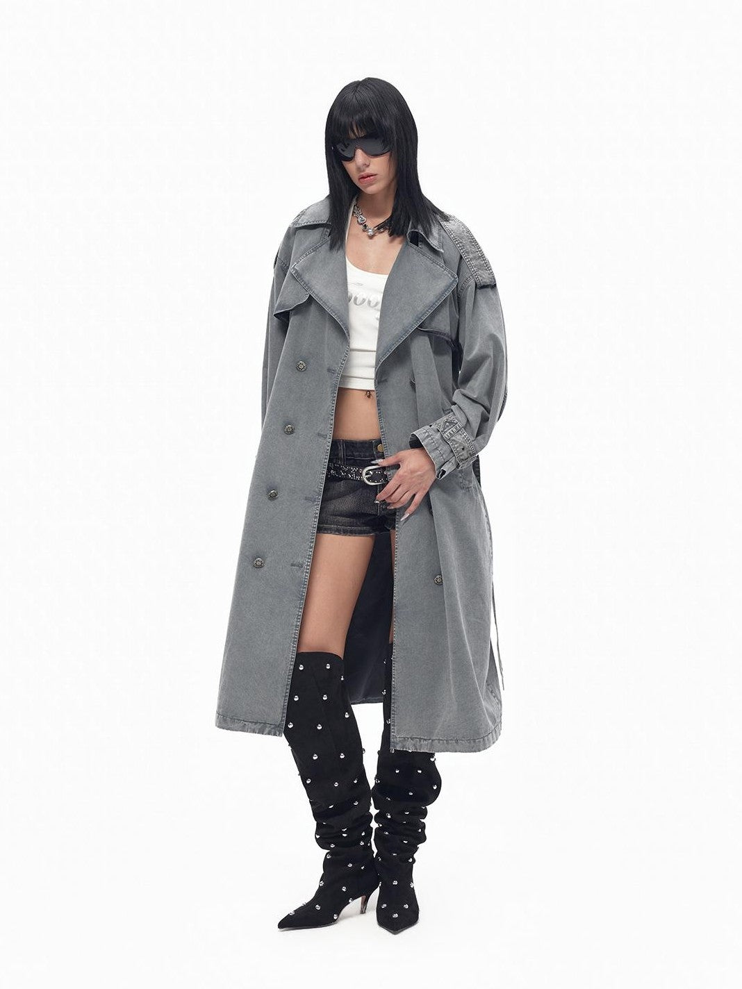 TOOOLAZY Gray Blue Distressed Denim Double Breasted Loose Women's Cotton Trench Coats
