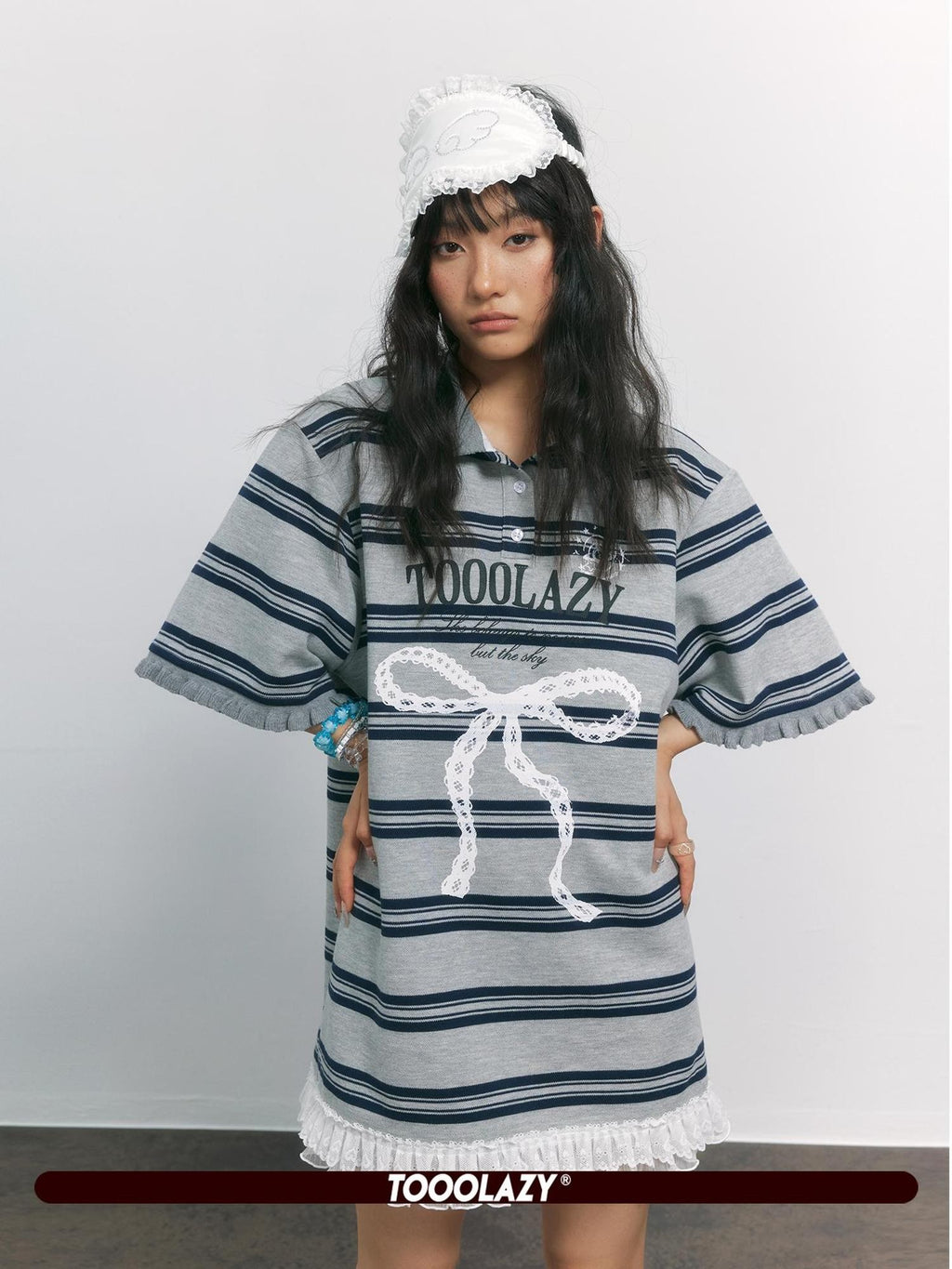 TOOOLAZY Gray Blue Striped Lace Bow Henley Women's Cotton Blend Oversized T-shirts
