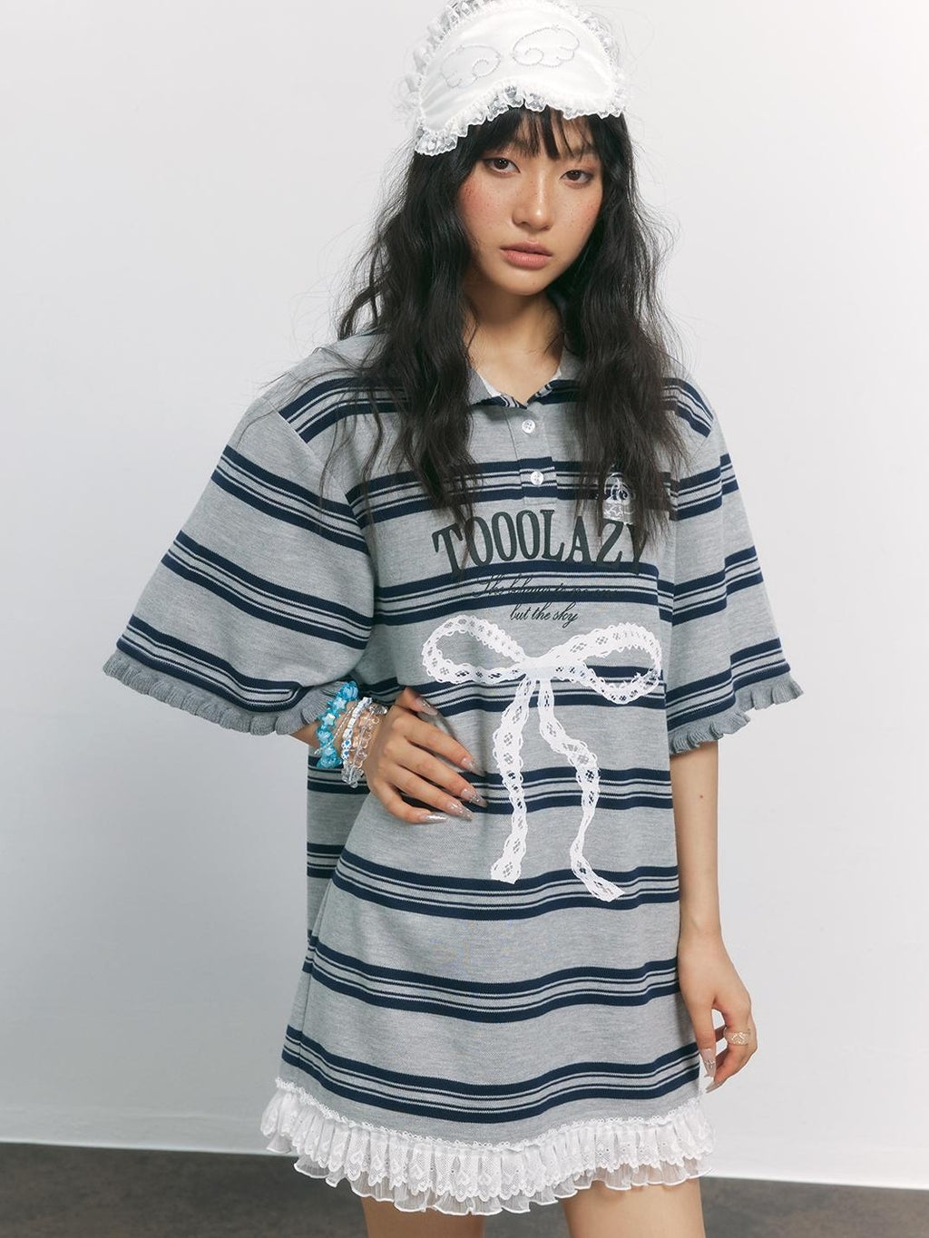 TOOOLAZY Gray Blue Striped Lace Bow Henley Women's Cotton Blend Oversized T-shirts