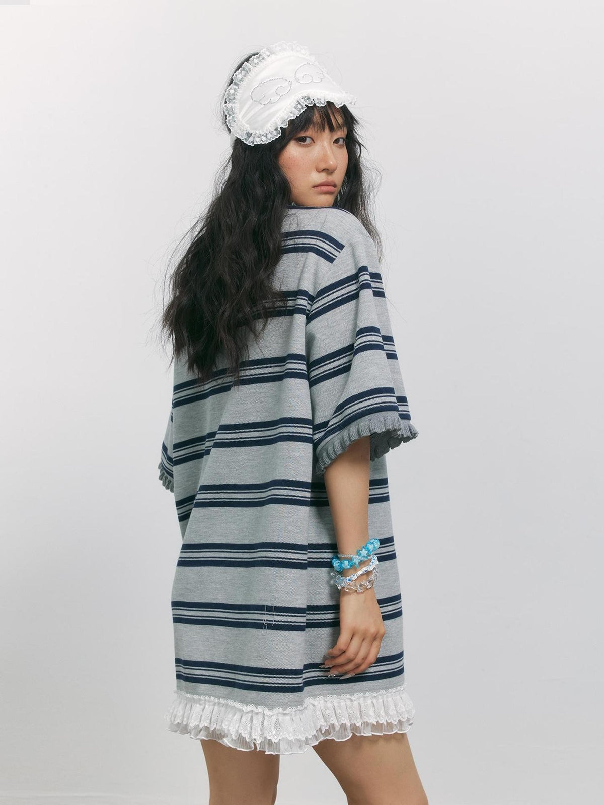TOOOLAZY Gray Blue Striped Lace Bow Henley Women's Cotton Blend Oversized T-shirts
