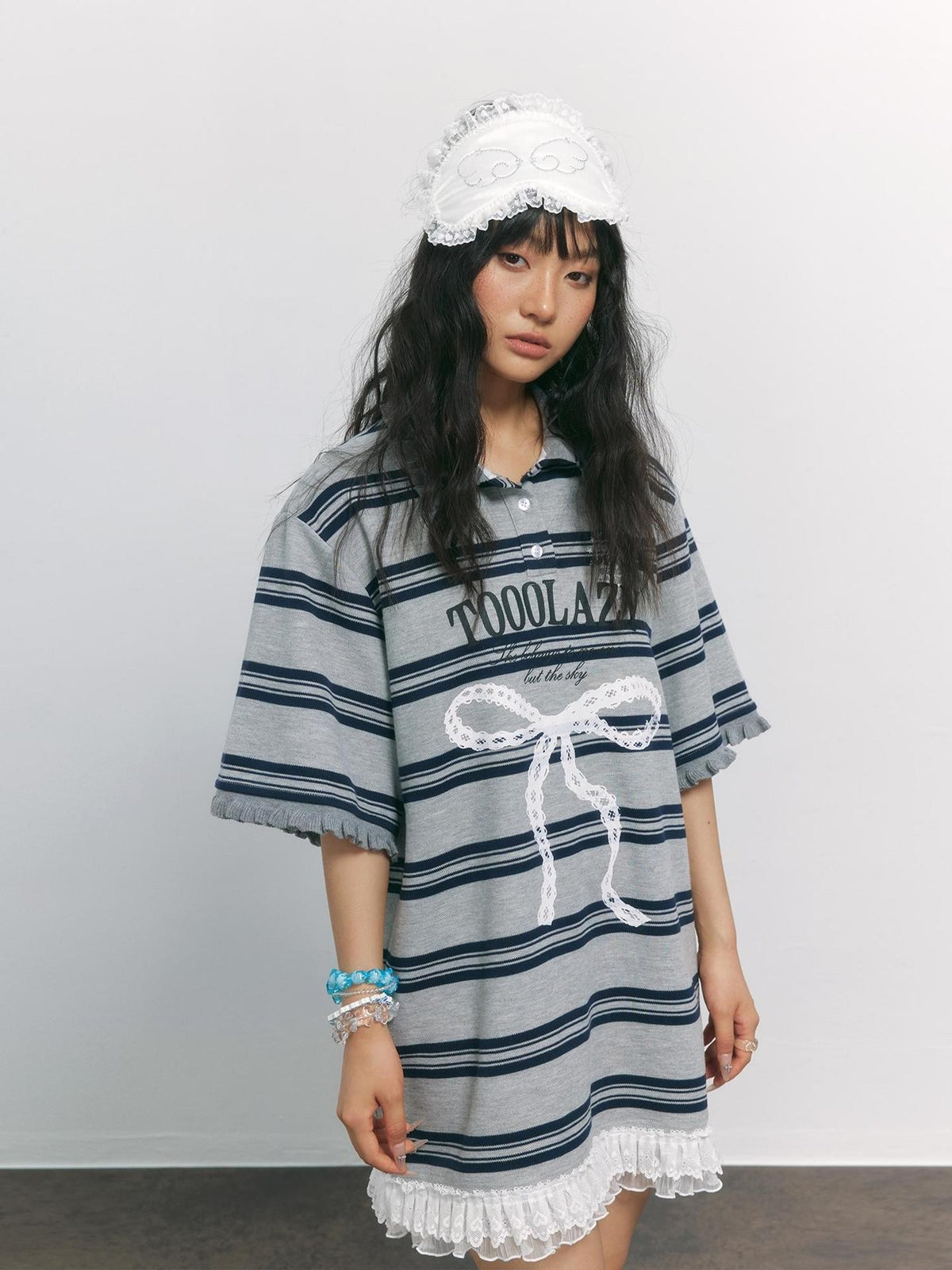 TOOOLAZY Gray Blue Striped Lace Bow Henley Women's Cotton Blend Oversized T-shirts
