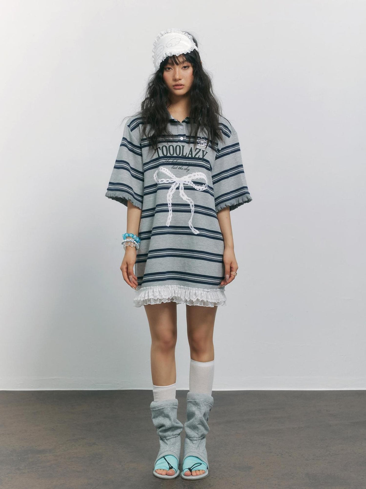 TOOOLAZY Gray Blue Striped Lace Bow Henley Women's Cotton Blend Oversized T-shirts