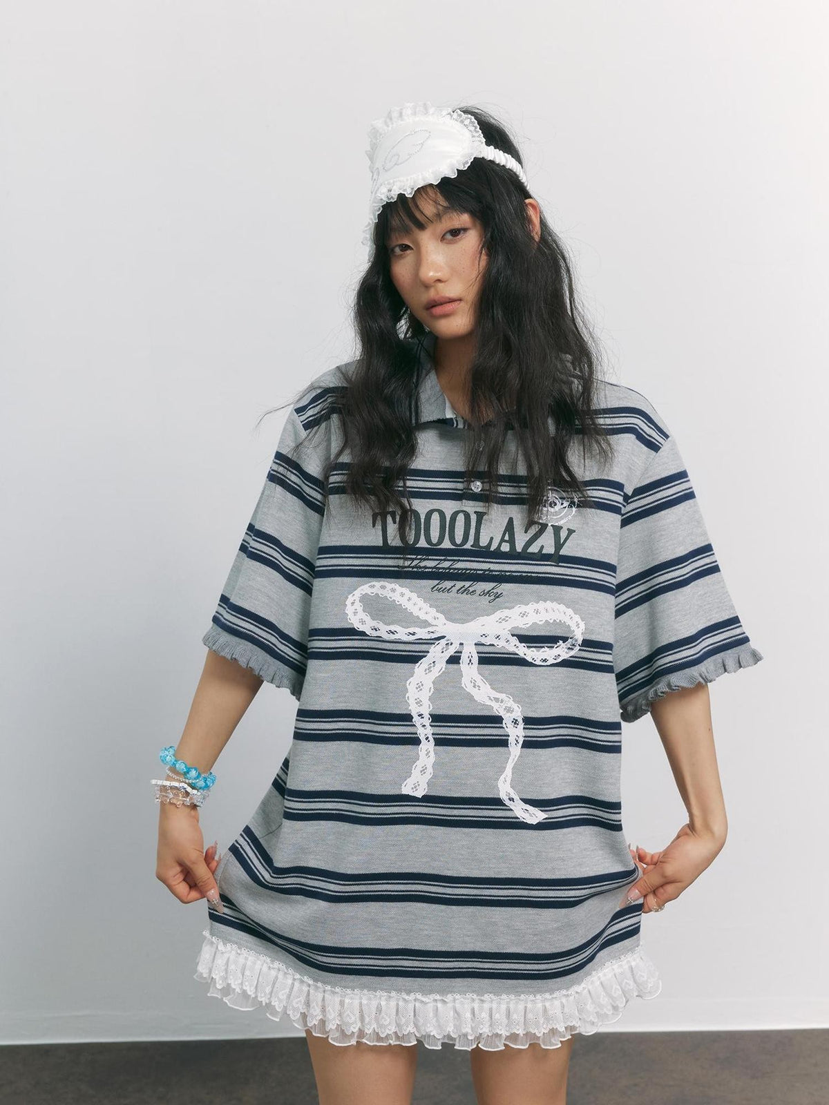TOOOLAZY Gray Blue Striped Lace Bow Henley Women's Cotton Blend Oversized T-shirts