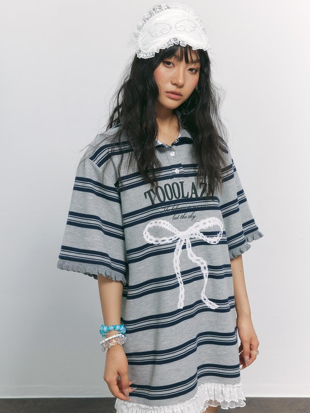 TOOOLAZY Gray Blue Striped Lace Bow Henley Women's Cotton Blend Oversized T-shirts