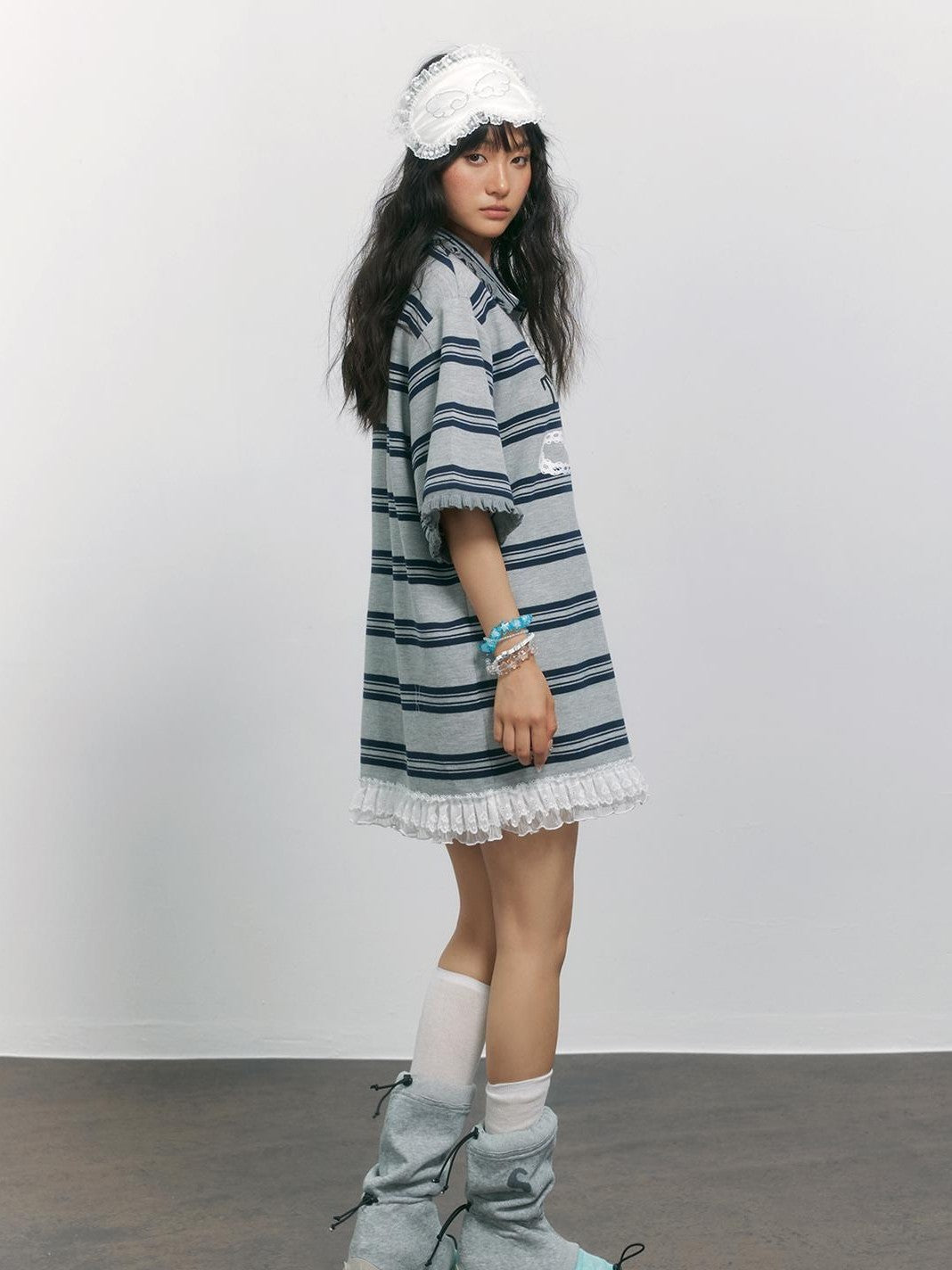 TOOOLAZY Gray Blue Striped Lace Bow Henley Women's Cotton Blend Oversized T-shirts
