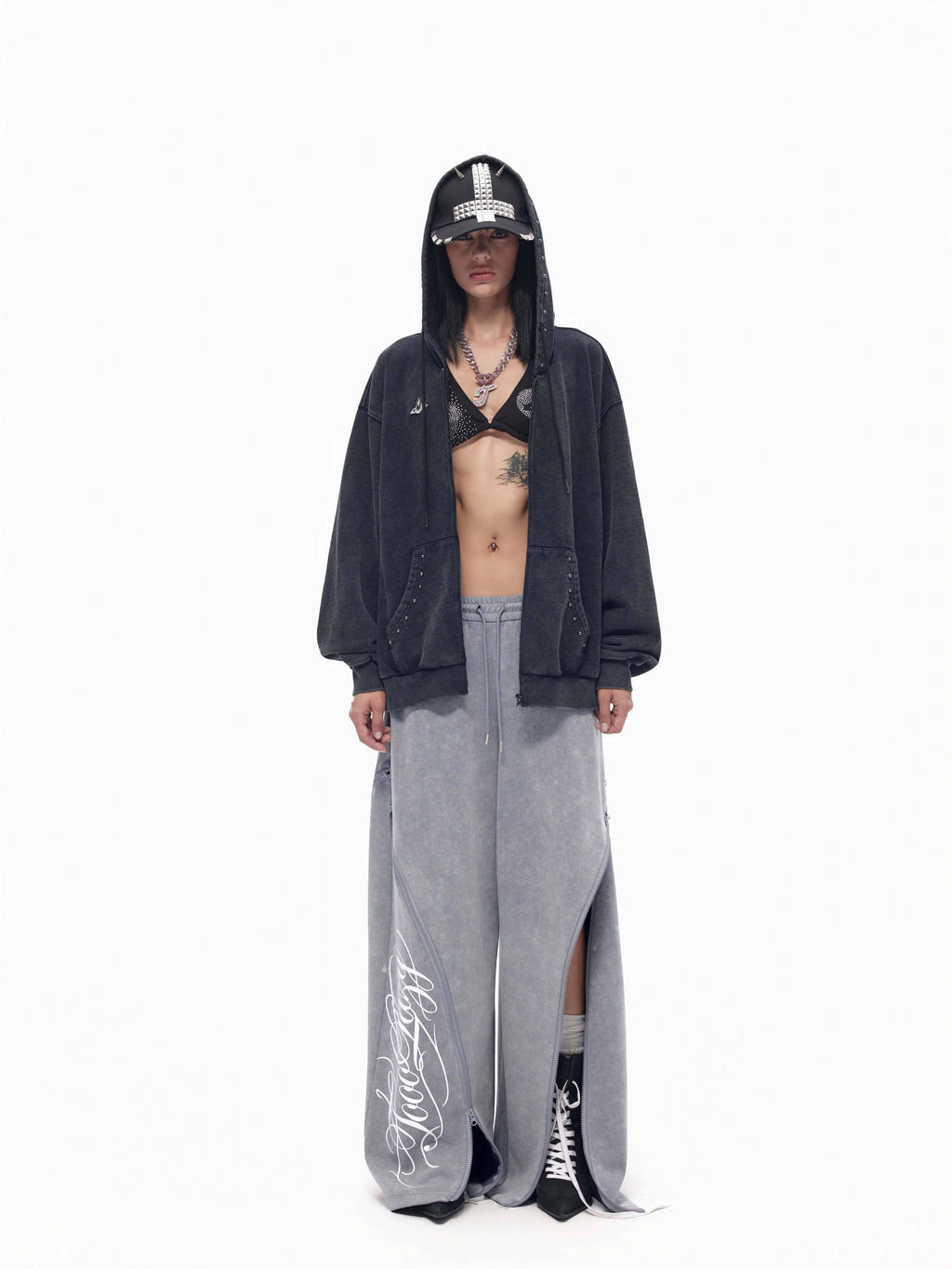 TOOOLAZY_Gray_Distressed_Side_Zipper_Split_Wide_Leg_Women's_Rayon_Blend_Sweatpants_1071061525617_MISSTT