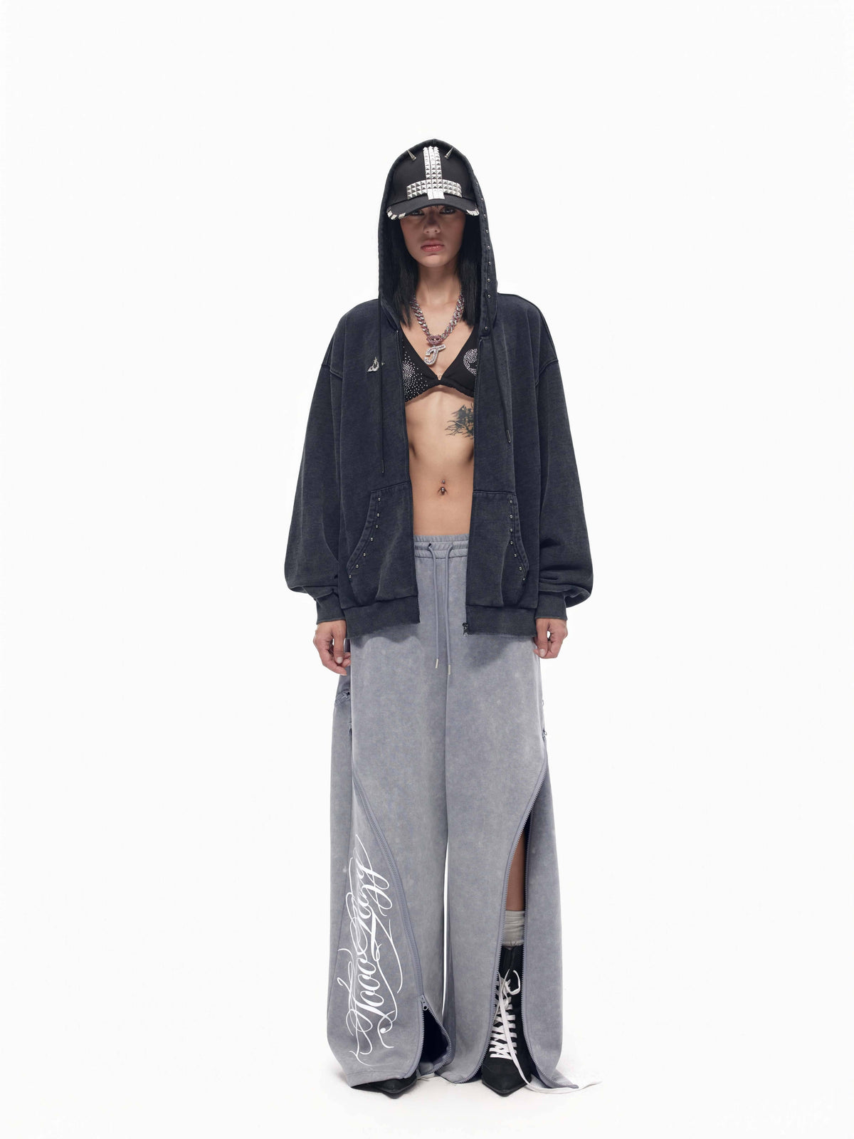 TOOOLAZY_Gray_Distressed_Side_Zipper_Split_Wide_Leg_Women's_Rayon_Blend_Sweatpants_1071061525617_MISSTT